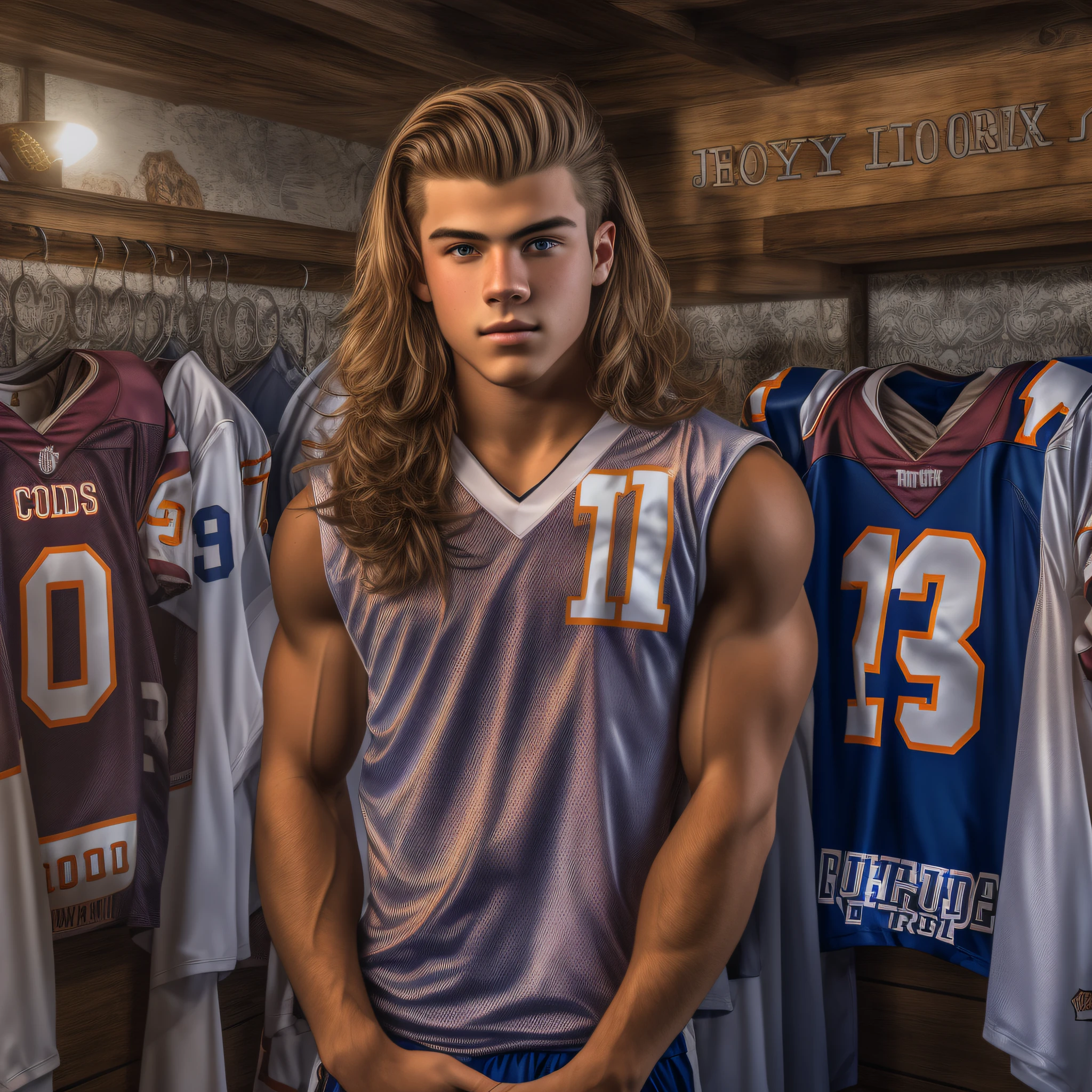 An 18-year-old boy frat bro, embodying the perfect fusion of Joey Lawrence and Cody Calafiore with long hair, exuding an aura of strength and confidence. Enhanced with HDR technology, this image depicts a true masterpiece, 4K resolution, varsity football jersey