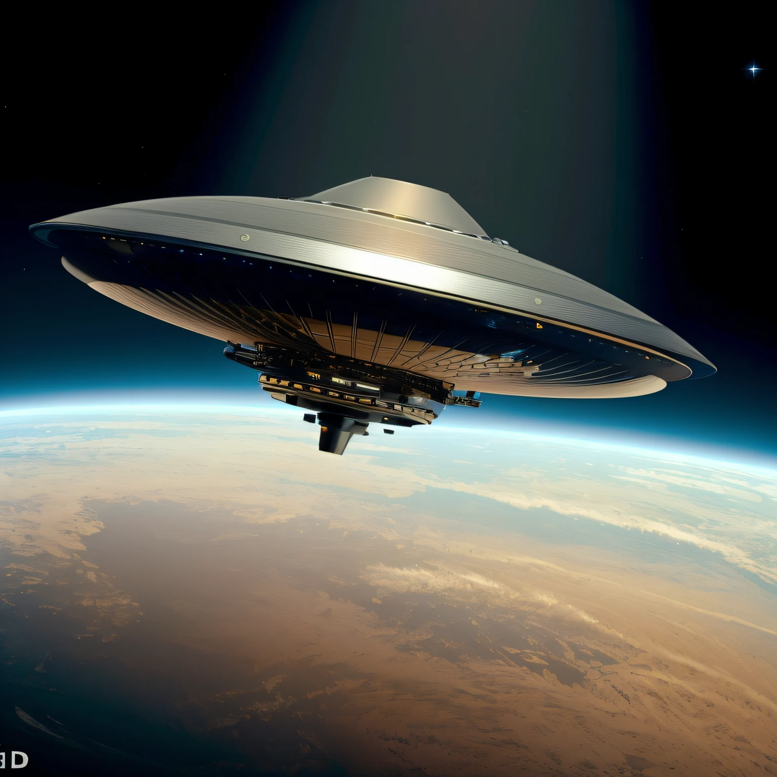 Flying saucer in black color stopped in the night sky , imagem super detalhada do disco voador, Ultra HD |, 8k
