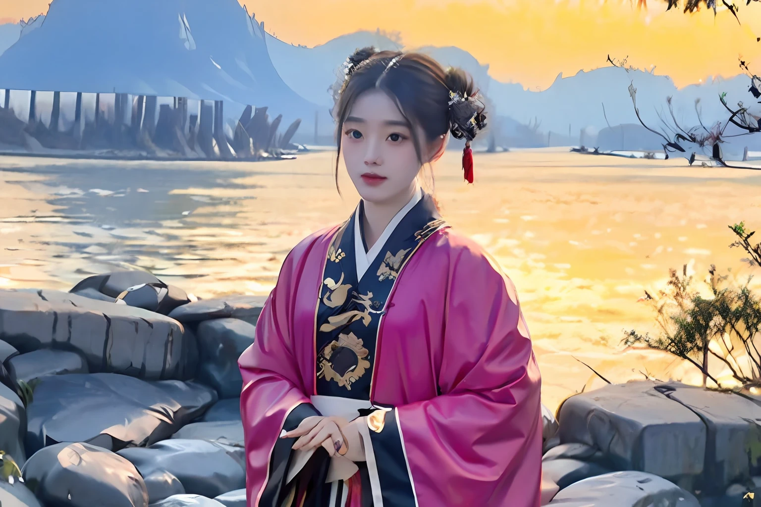 （（tmasterpiece）， （best qualtiy）， 超A high resolution， （RAW photogr：1.2）， （realisticlying：1.4）， excellent detail， dramatic  lighting， A high resolution， 8k， hoang lap， 1boys， chino， （Daoist_robe：1.3）， Black daoist_robe， exteriors， Chinese Ancient Times， looki at viewer， scenecy， SakuraNS， ulzzang-6500：0.7，wearing a hanfu，Simple colors，High value，Exquisite，Beautiful looks，
chineseidol， mont， Landscape painting in ancient Chinese style， Mountain ahead， Beautiful meandering green river behind， High line detail， A high resolution， hyper qualit， Epic composition， 电影灯光， tmasterpiece， Bold complementary colors China，Vista picture，fully body photo，