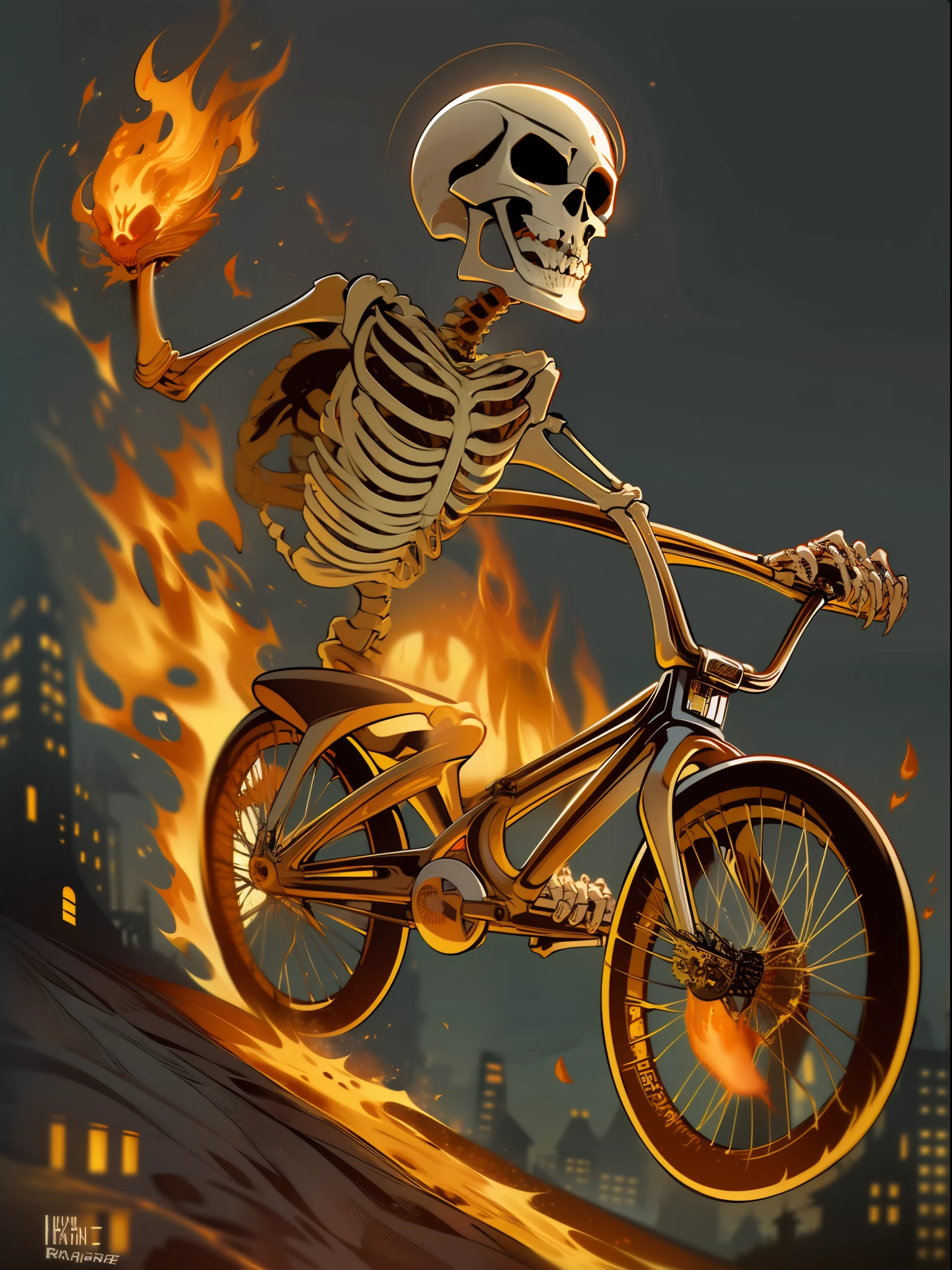 (((A burning skeleton does a BMX stunt))), Drawing by hand, higly detailed, High-definition lines, complete anatomical resemblance of the skeleton, completely correct BMX, Cartoon style in dark colors, a lot of fire in the background, skeleton in the blood, BMX wheels are lit, Smooth spokes, Smooth contours, The skeleton has 5 fingers, BMX has no brake