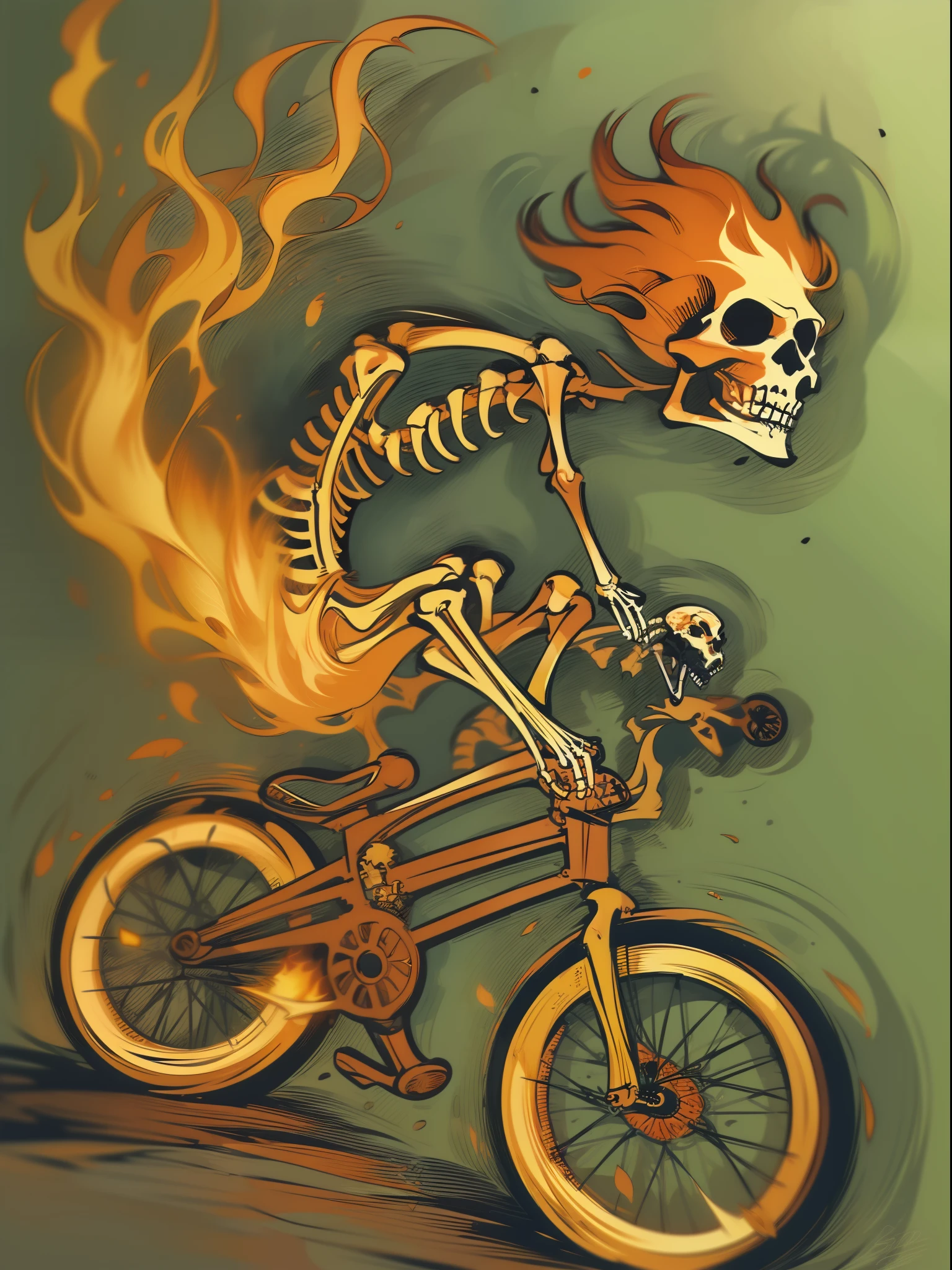 (((A burning skeleton does a BMX stunt))), Drawing by hand, higly detailed, High-definition lines, complete anatomical resemblance of the skeleton, completely correct BMX, Cartoon style in dark colors, a lot of fire in the background, skeleton in the blood, BMX wheels are lit, Smooth spokes, Smooth contours, The skeleton has 5 fingers, BMX has no brake