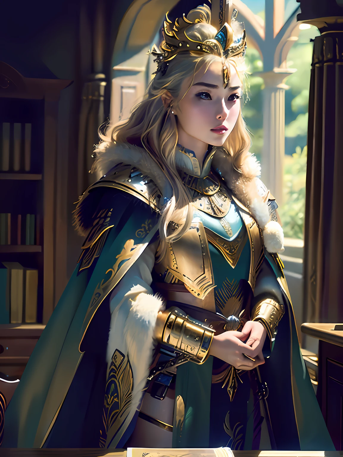 (Masterpiece, Top Quality, Top Quality, Official Art, Beautiful and Aesthetic: 1.2), (1 Girl), (Warrior Queen Golden Armor, Fur-Lined Cape, Bejeweled Crown: 1.2), Serious, White Hair, Colossal, Ultimate Jewel, 100pcs, Gorgeous, Raw Photo, Sexy Swimsuit