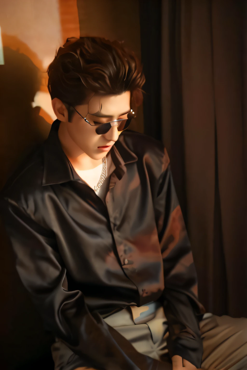 high high quality,Cai Xukun's,black shirt,Wearing sunglasses,low head