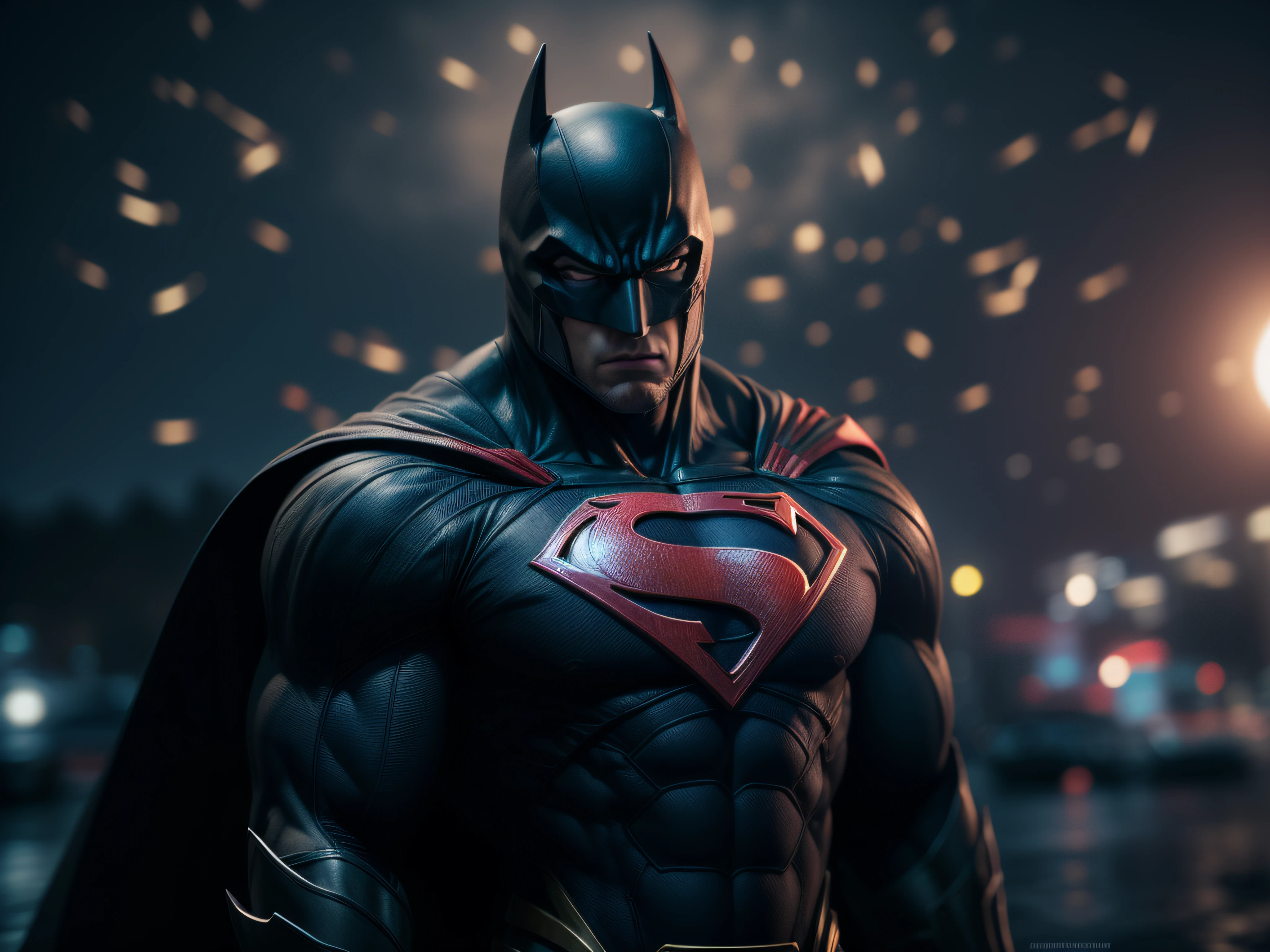 Close a powerful threat, The imposing appearance of the Batrman fighting the mighty Superman, menacing stare, ricamente detalhado, Hiper realista, 3D-rendering, obra-prima, NVIDIA, RTX, ray-traced, Bokeh, Night sky with a huge and beautiful full moon, estrelas brilhando, 8k,