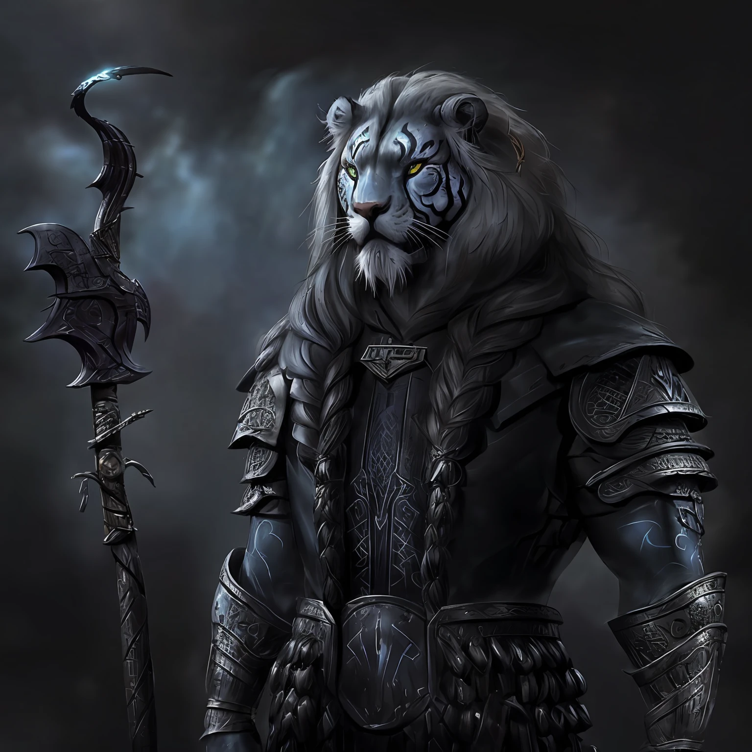 estilo modelshoot, aletory (Black Lion, homem lion), (extremamente detalhado CG unidade 8k wallpaper), trending in artstation, trend in CGSociety, intrincado, High detail, (fantasia: 1.5), (medieval: 1.2), (High_fantasia:1.5), (Dungeons and Lion Table Character Art), foco claro, Dramatic, Arte de pintura fotorrealista por Greg Rutkowski, Nixeu_macio, tcg arte |, personagem de fantasia, Realismo, rosto renderizado perfeito,  detalhes do rosto perfeito, Realismo, rosto renderizado perfeito, detalhes do rosto perfeito, oil on the canvas, hiper real, fotografia, profissional, canonical camera, Nikon Camera, claro, studio quality, absurdos, lente olho de peixe, Encantado, Directed by: Steve McCurry, por Ilia Repin, por Robert Capa, Calendar pose, olhos perfeitamente detalhados, studio illumination, Thematic background, (Ultra_Realistic), (segurando arma), (((Tabaxi portanto;)) pele como noite, pele detalhada e fofa,  Holding a grimoire)