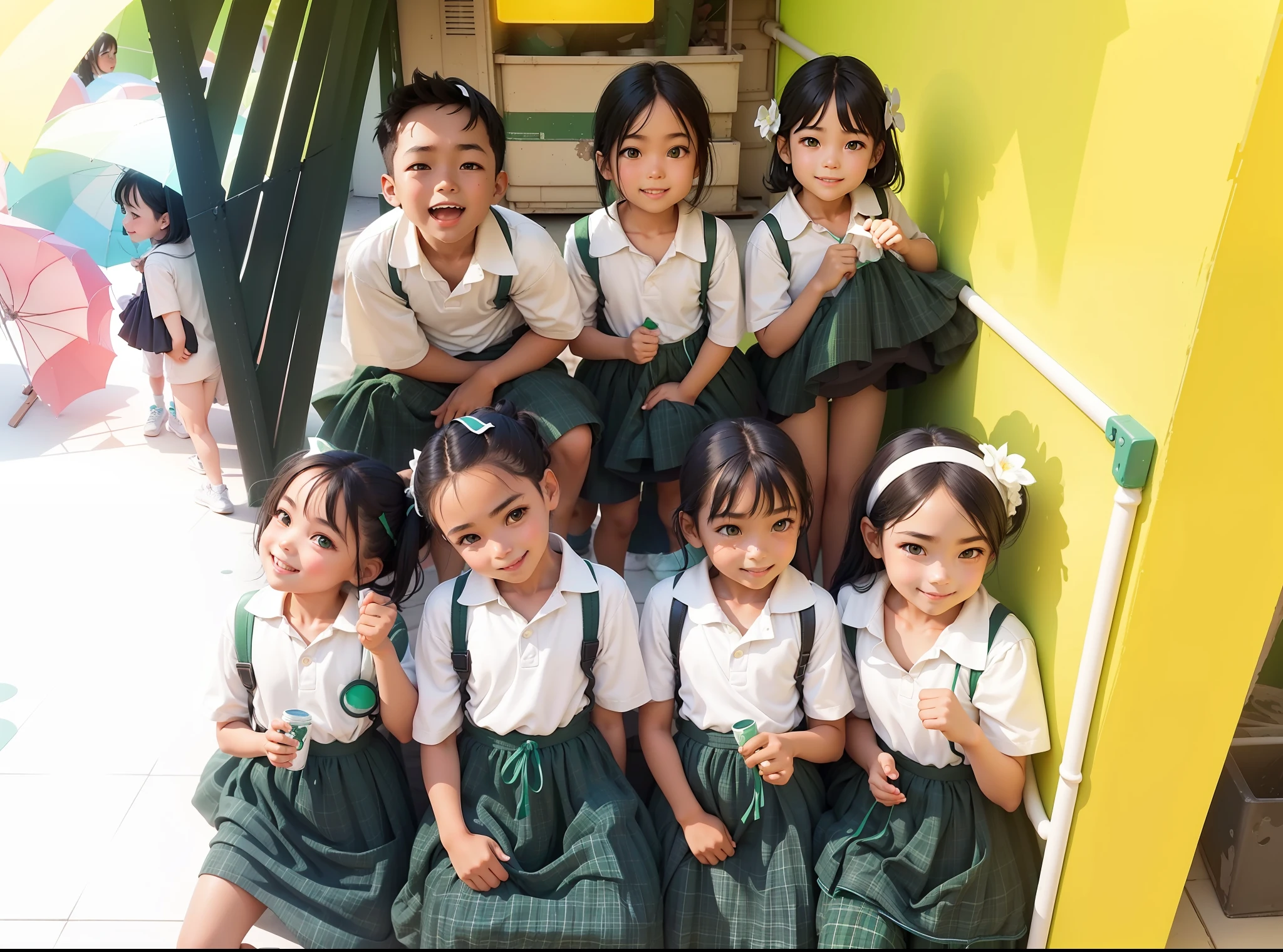 Broken [green: white: 0.5] theme, ((gradient background: 1.1)), 1 group of children in line, ((smile)), black hair, white top, blue sneakers, panorama, very detailed, best quality, 4k, movie light effects