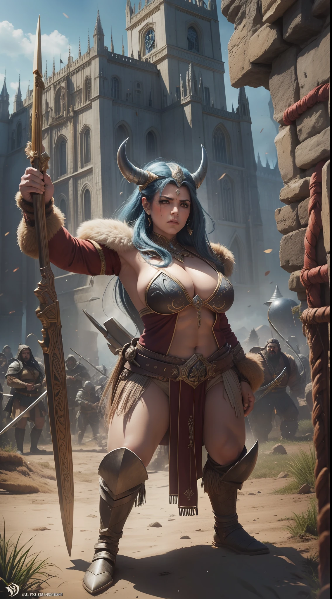 Mulher guerreira, corpo musculoso, gigante, Intimidating Dwarves, campo de batalha, Prehistoric war scenario, fantasia, detalhes intrincados, 8k