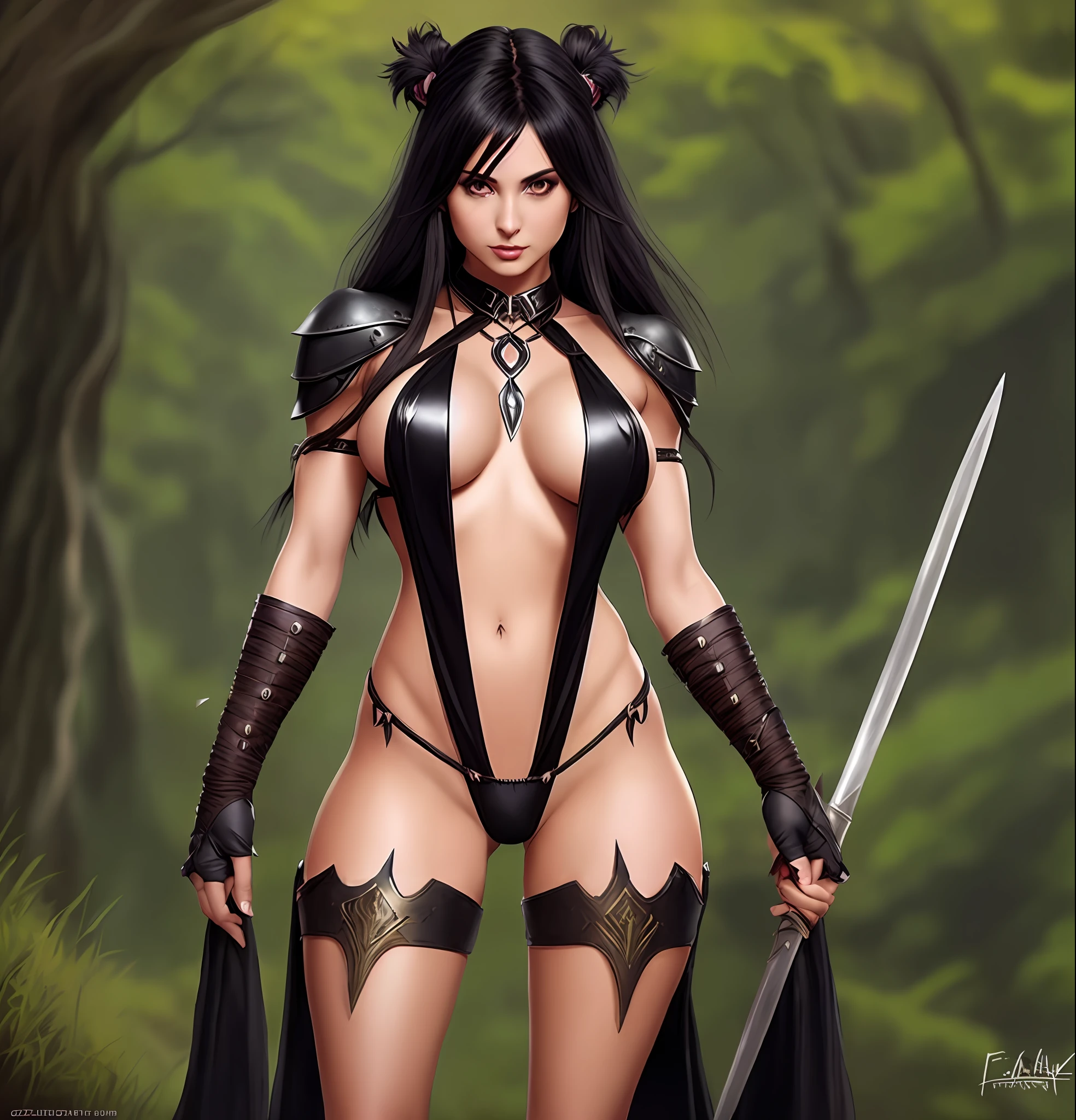uma mulher com uma roupa preta segurando uma espada e uma espada, mulheres furiosas de cabelos escuros, epic fantasy HD art style, guerreiro da fantasia, female warrior, Preto - Mago Cabelo, HD Arte de fantasia, arte de fantasia realista, Artgerm extremamente detalhado, arte do personagem de fantasia, Epic fantasy art style, mulher da fantasia, Elfo Negro, Bikini Armor Cavaleiro Feminino, amazing fantasy art