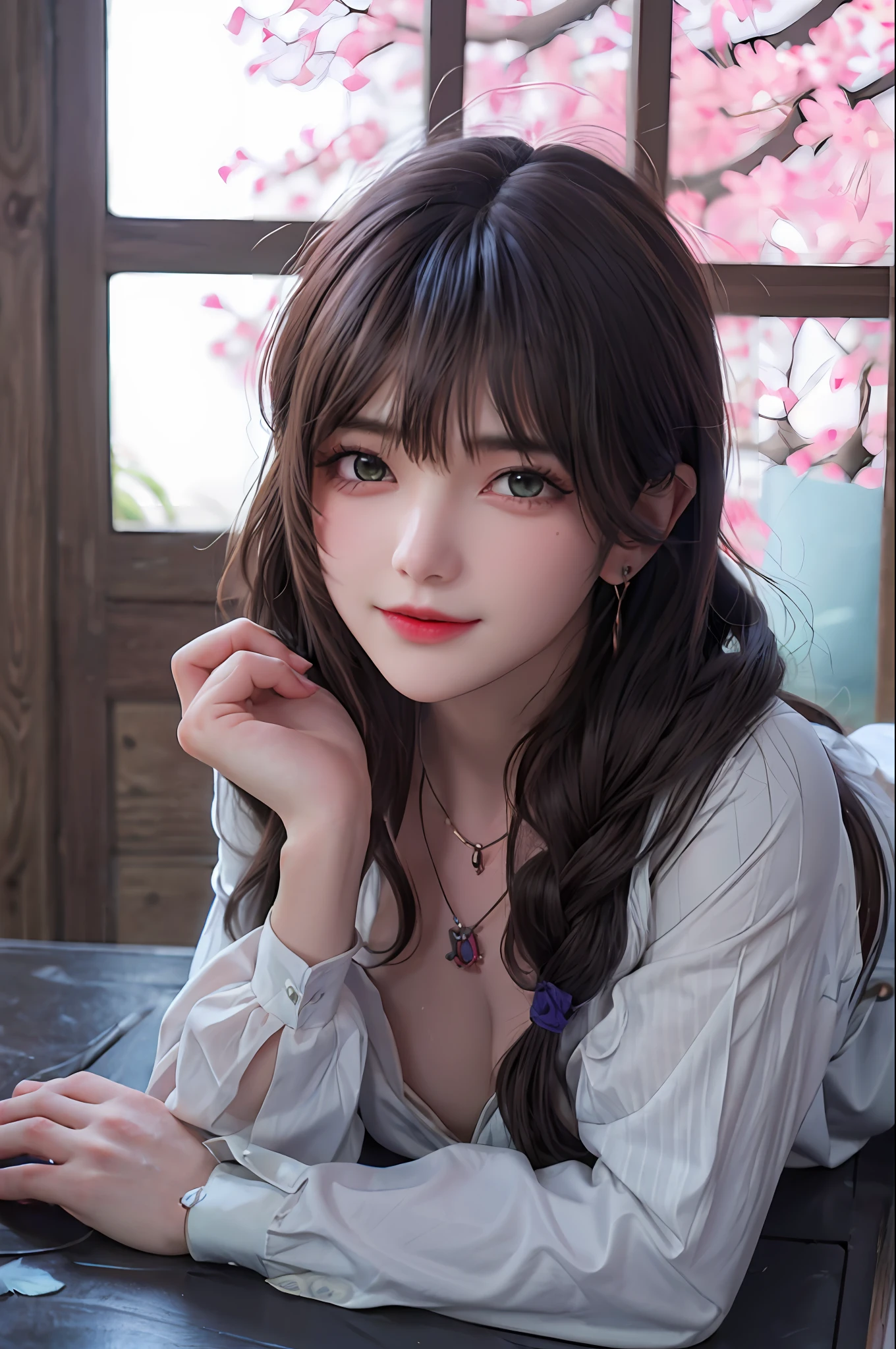 delicated best quality ,masterpiece, illustration, an extremely delicate and beautiful, extremely detailed ,CG ,unity ,8k wallpaper, Amazing, finely detail, masterpiece,best quality,official art,extremely detailed CG unity 8k wallpaper,absurdres, incredibly absurdres, huge filesize , ultra-detailed, highres, extremely detailed,beautiful detailed girl, extremely detailed eyes and face, beautiful detailed eyes,light on face,1girl, (Lisa Minci/genshin impact), (Super realistic), ((( light brown hair))), (One side braid:fishtail braid combined with 3 loose braided hair at the top), (flower hair band), (green eyes), ((jewelry)), (slave necklace), (((describe the arm in detail))), (((Super boobs))), (open belly), ((Big ass)), ((thighs)), ((Plump body)), (Big breasts), ((Plump boobs)),, (detailed description of hair), ((black iron slave necklace)), (gem earrings), ((upper body)), (Bare shoulder), ((collarbone)), ((offshoulder)), (Shiny skin), (Detailed description of eyes), (detailed description of face), (detailed description of body), (white and translucent skin), peerless beauty, (extreme beauty), (red lips), (shy ), ( smile), (facing the viewer), ((facing)), (((cherry blossom))), (falling petal), ((kimono)), ((long sleeves)), ((wide sleeves)), ((infinity sea)), (Diving), (lying on the sea surface), the water surface is reflective, (any pose), (((soaked))), ((girl submerged in water)), ((There is a lot of water on the body))