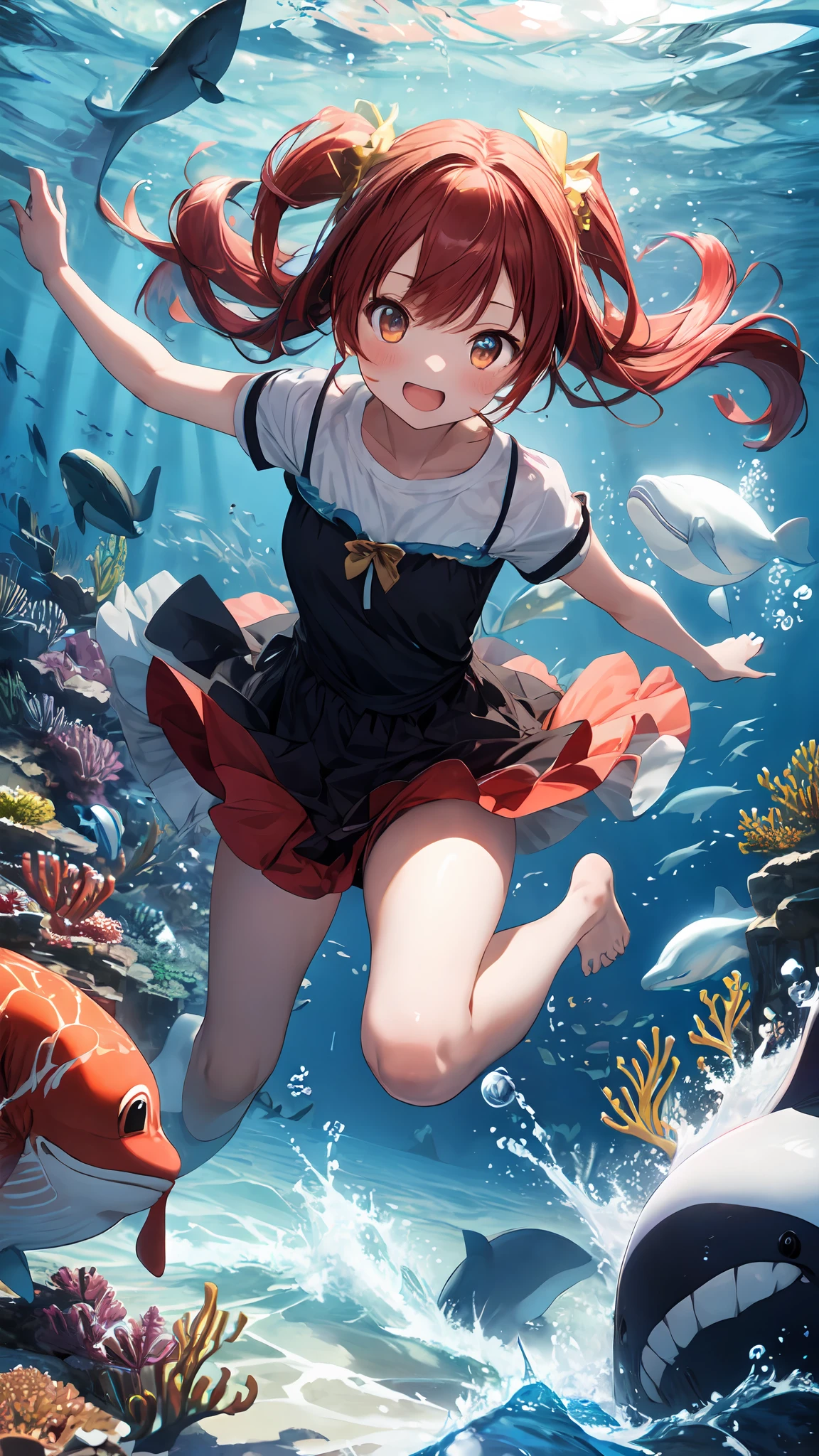 ((best quality)), ((masterpiece)), 1girl, whale, under the sea, full body, rainbow bubbles, foams, sea creatures, red hair , gold eyes