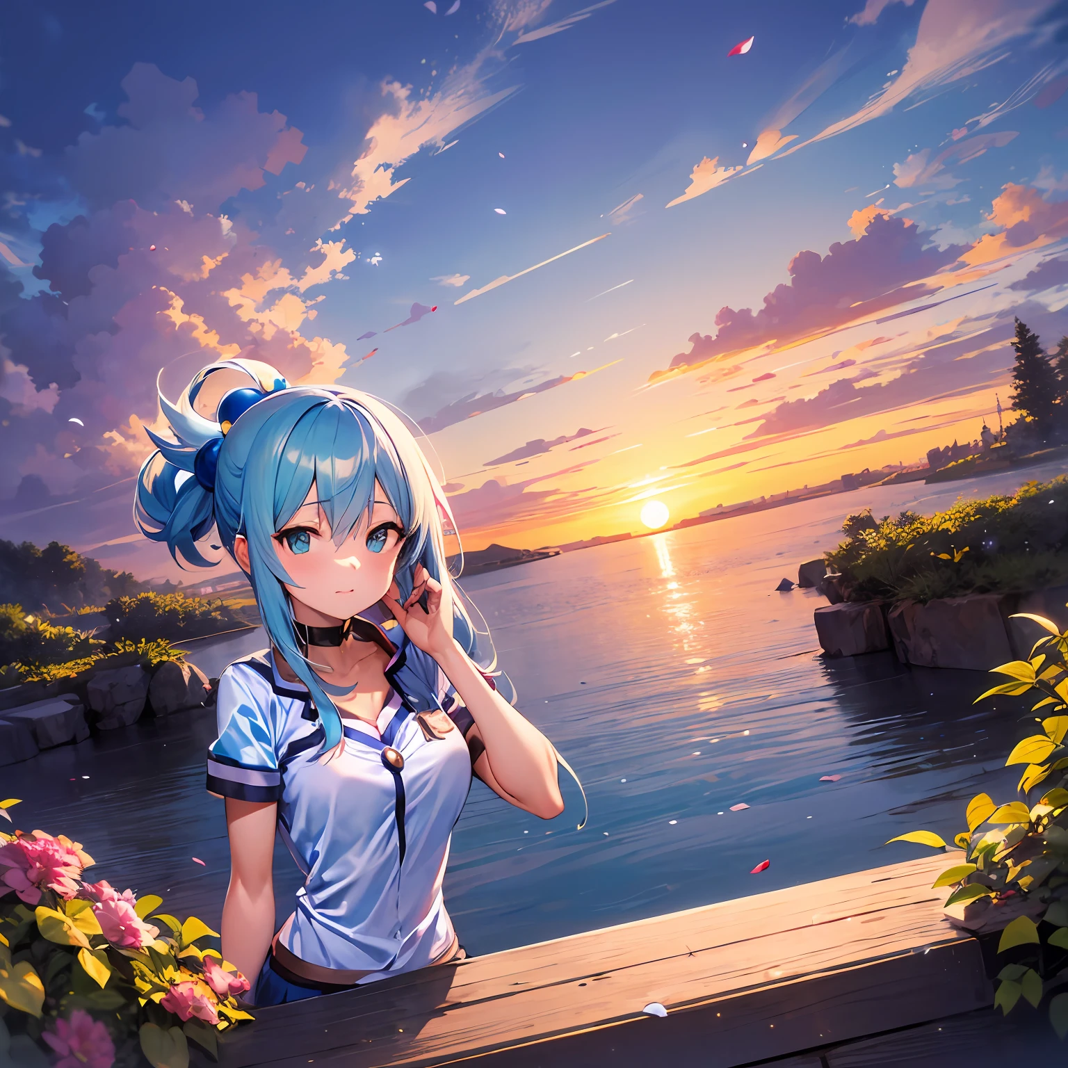 [(fundo branco:1.5)::5], (fundo da garrafa:0.9), 1 girl (Aqua_Konosuba, olhos azuis, cabelos azuis longos, hands hidden), tiro no meio, corpo inteiro, Borboletas, floating petal, fragmento de pedra, beautiful detailed water, Cloud, piso, Twilight, Sunset, bela nuvem detalhada,