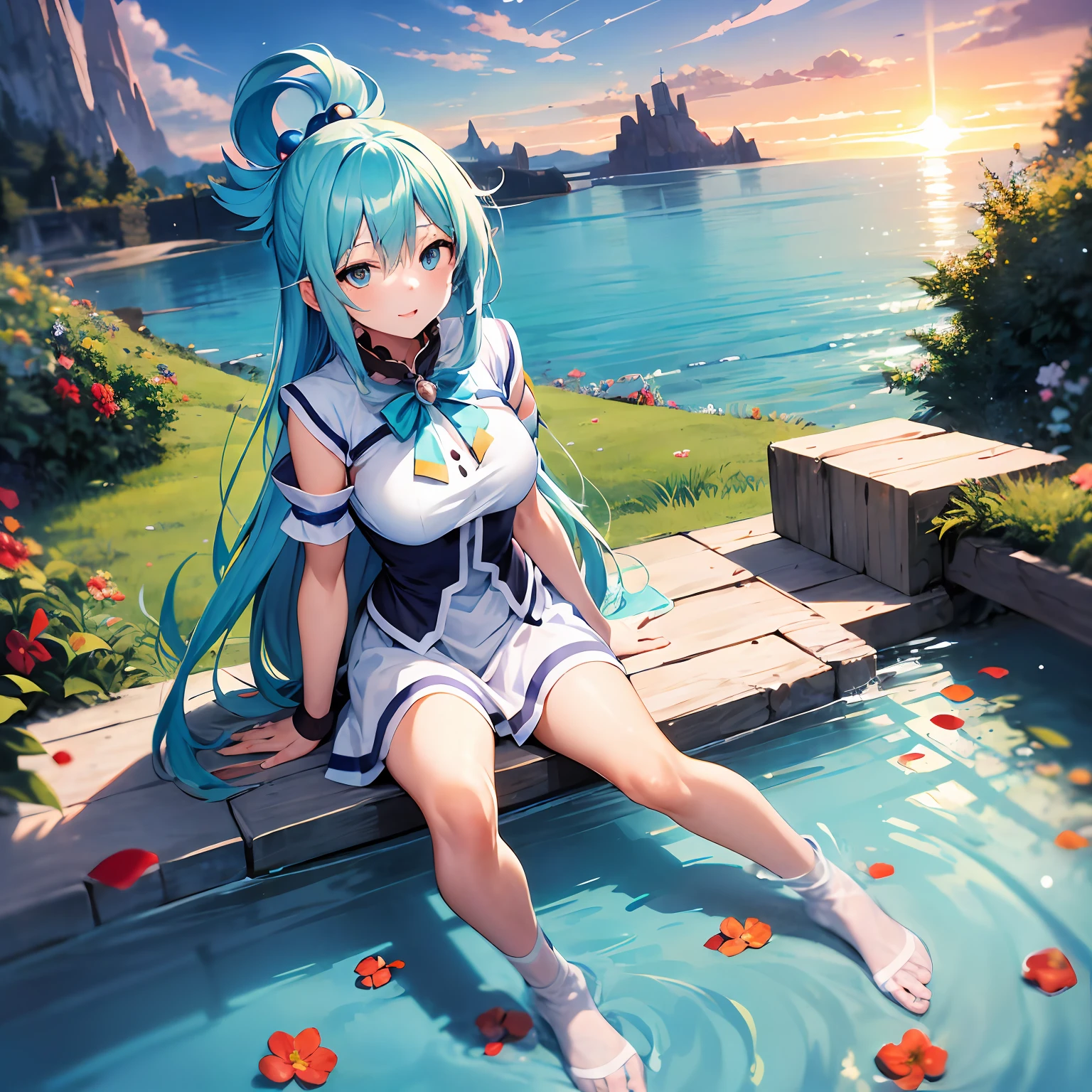 [(fundo branco:1.5)::5], (fundo da garrafa:0.9), 1 girl (Aqua_Konosuba, olhos azuis, cabelos azuis longos, hands hidden), tiro no meio, corpo inteiro, Borboletas, floating petal, fragmento de pedra, beautiful detailed water, Cloud, piso, Twilight, Sunset, bela nuvem detalhada,