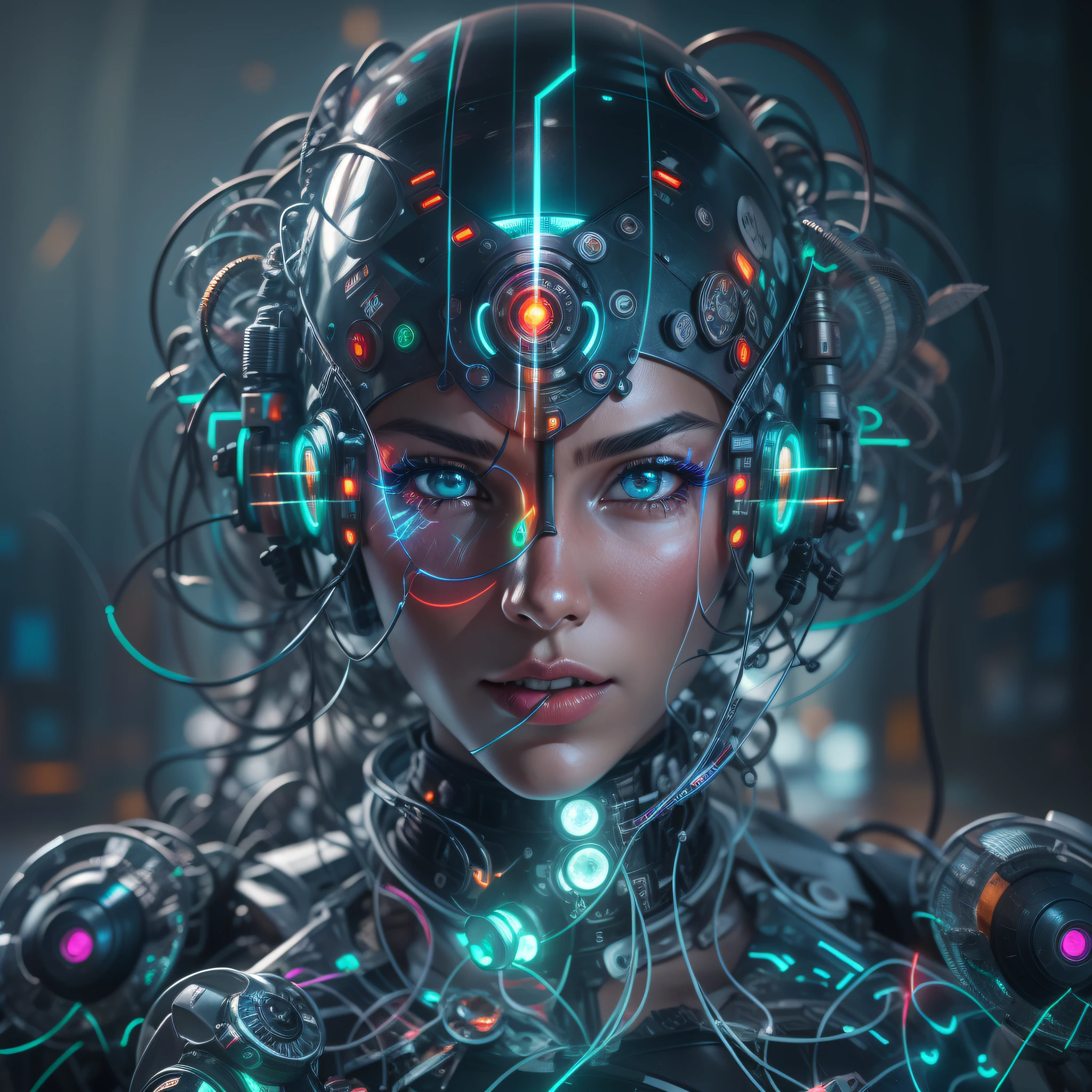 mujer cyborg exuberante y voluptuosa echa de cristal que deja ver su interior, repleta de motores, reles. circuitos y luces indicadoras led de color verde,azul y rojos.