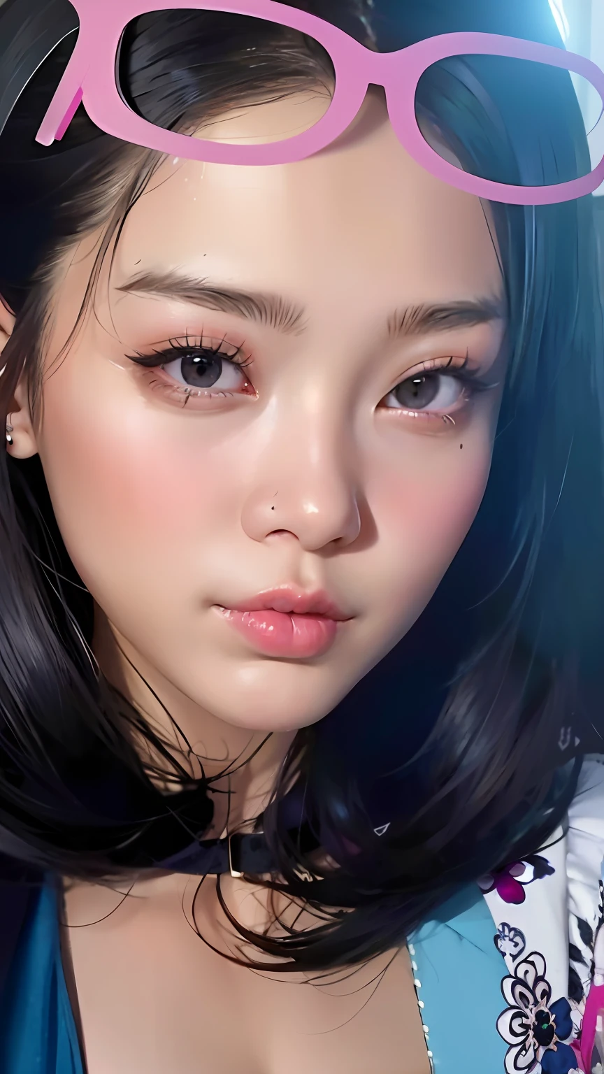 there is a woman with glasses on her head and a blue shirt, blackpink jennie, korean symmetrical face, young adorable korean face, korean face features, heonhwa choe, close up face, shin min jeong, young cute wan asian face, detailed face of a asian girl, lee ji - eun, lee ji-eun, gongbi