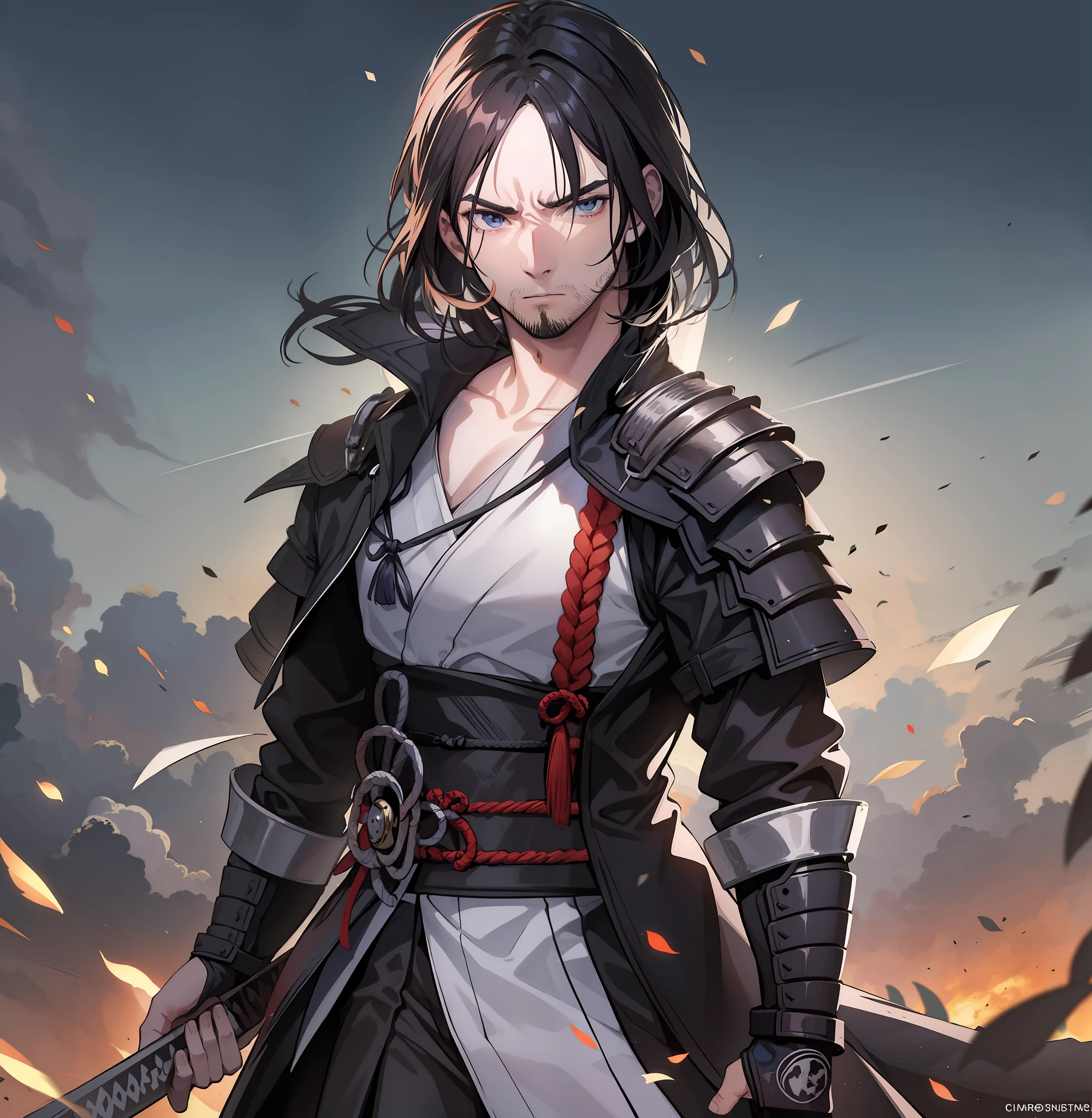 Homem, Samurai, corpo inteiro, vestido armadura samurai