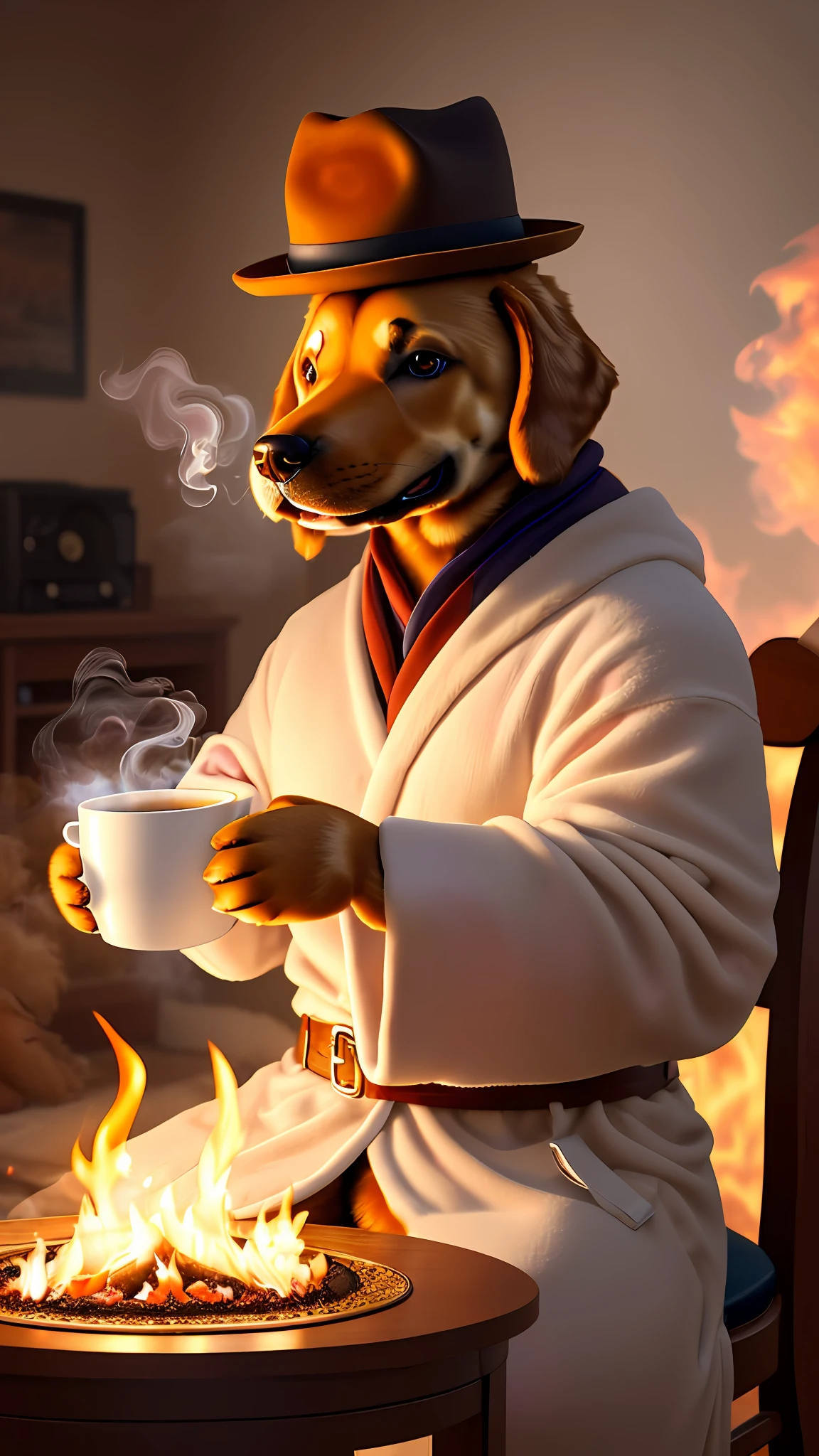 (best quality:1.23), (masterpiece:1.12), (realistic:1.24), (anthropomorphic  dog:1.5) holding a coffee cup, sitting, in a robe, eating breakfast and holding a coffee cup, hat, particles, volumetric lighting,  room burn down, ground and chair on fire, lots of gadgets and equipment on fire,  smoke, (flames all around:1.2),