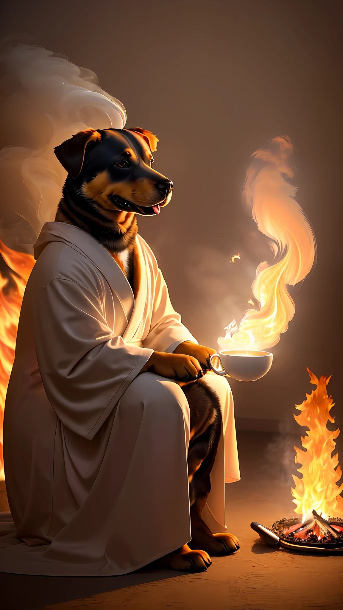 (best quality:1.23), (masterpiece:1.12), (realistic:1.24), (anthropomorphic dog:1.5) holding a coffee cup, sitting, in a robe, eating breakfast and holding a coffee cup, hat, particles, volumetric lighting, room burn down, ground and chair on fire, lots of gadgets and equipment on fire, smoke, (flames all around:1.2),