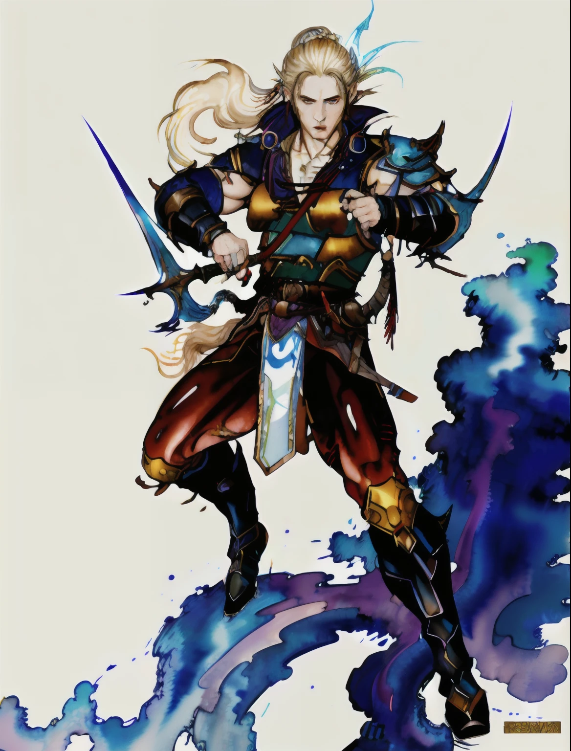 1 pale skinned male elf with braided white pony tail, Final fantasy, amano yoshitaka, fantasy,scifi, complex background rogue, battle stance, 2 daggers, brown leather rogue armor (full body), (dynamic pose) water color painting , muted color wallpaper, abstract, details, masterpiece, best quality, artstation, japanese inspired