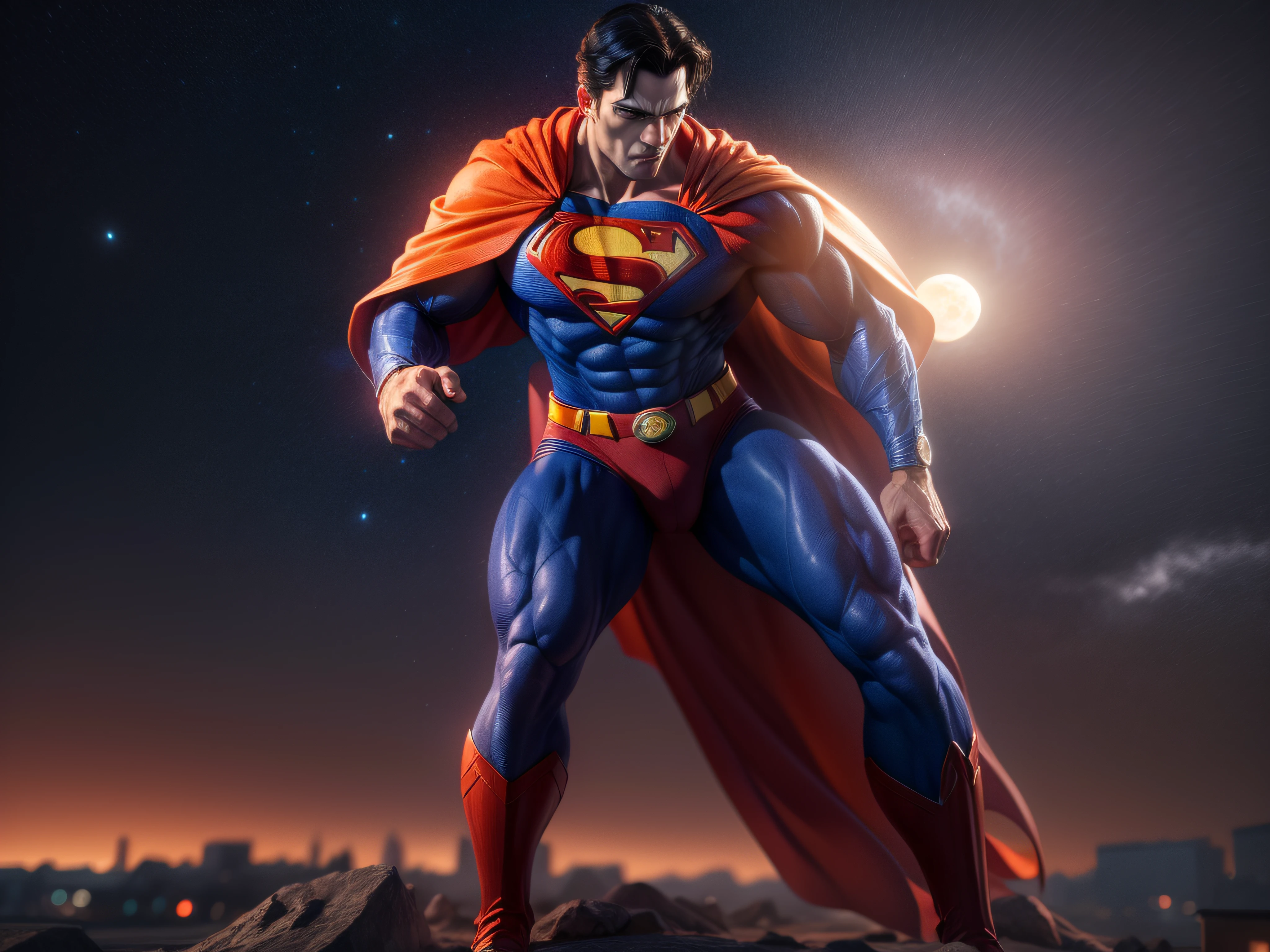 Close a powerful threat, The imposing appearance of the powerful Superman dressed in orange uniform, menacing stare, ricamente detalhado, Hiper realista, 3D-rendering, obra-prima, NVIDIA, RTX, ray-traced, Bokeh, Night sky with a huge and beautiful full moon, estrelas brilhando, 8k,