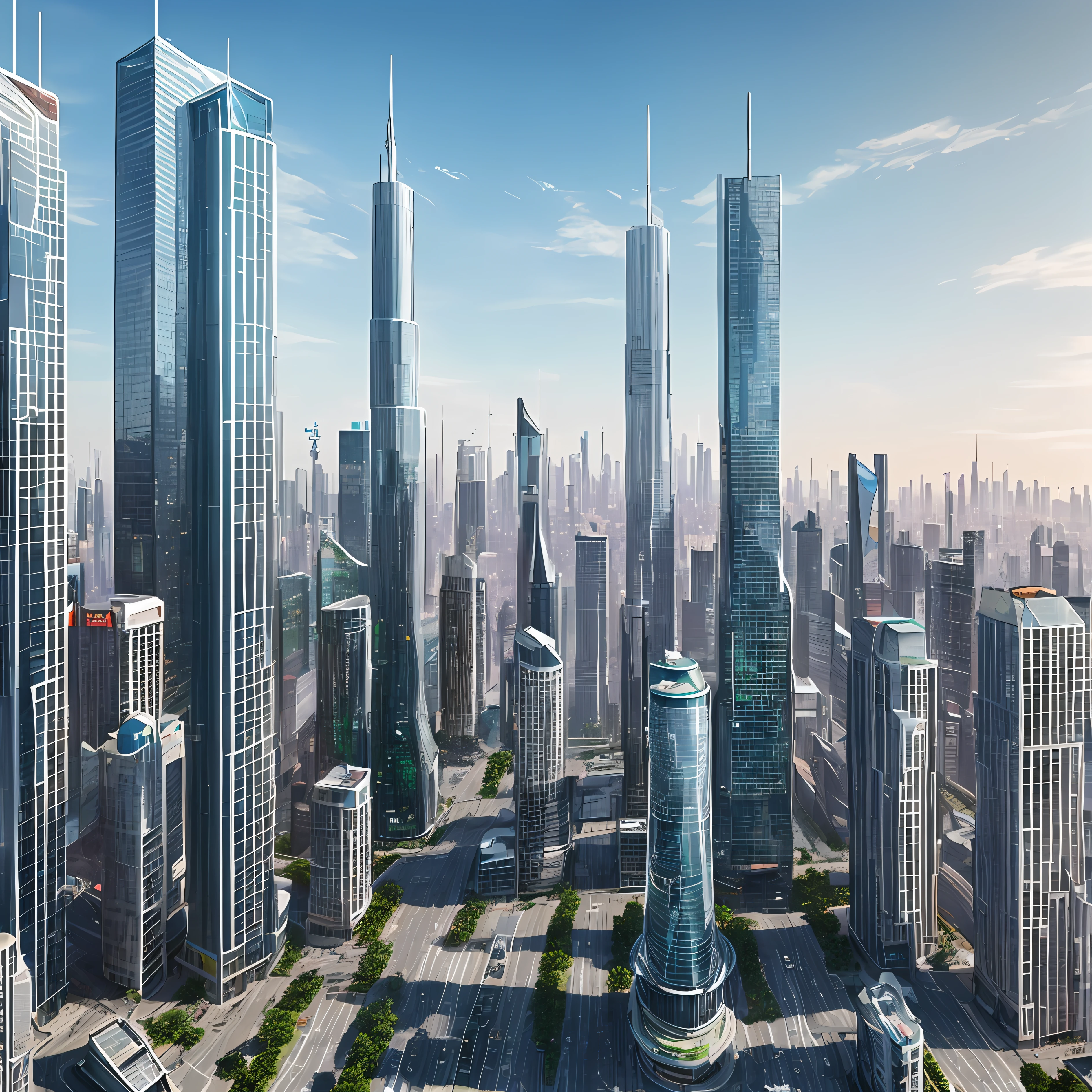 Design a futuristic city full of glittering skyscrapers, carros voadores, people using augmented reality devices and robots interacting with humans.