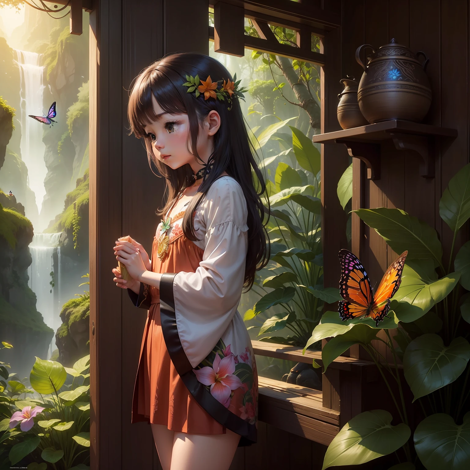 Fantastical、with light glowing、Colorful flowers、tropical rainforest、Big forest、Beautiful little bird、butterflys