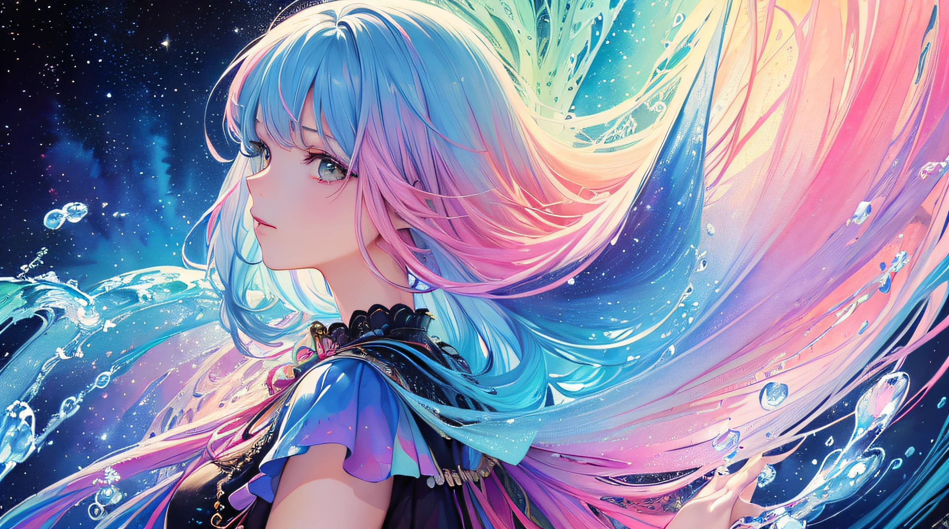 (masterpiece, top quality, best quality,watercolor (medium),official art, beautiful and aesthetic:1.2),(1girl:1.3), (fractal art:1.3),upper body, from side, looking at viewer,patterns,(rainbow color Hair,colorful hair,half blue and half pink hair:1.2),water,liquid, cloud,colorful, starry,stars,