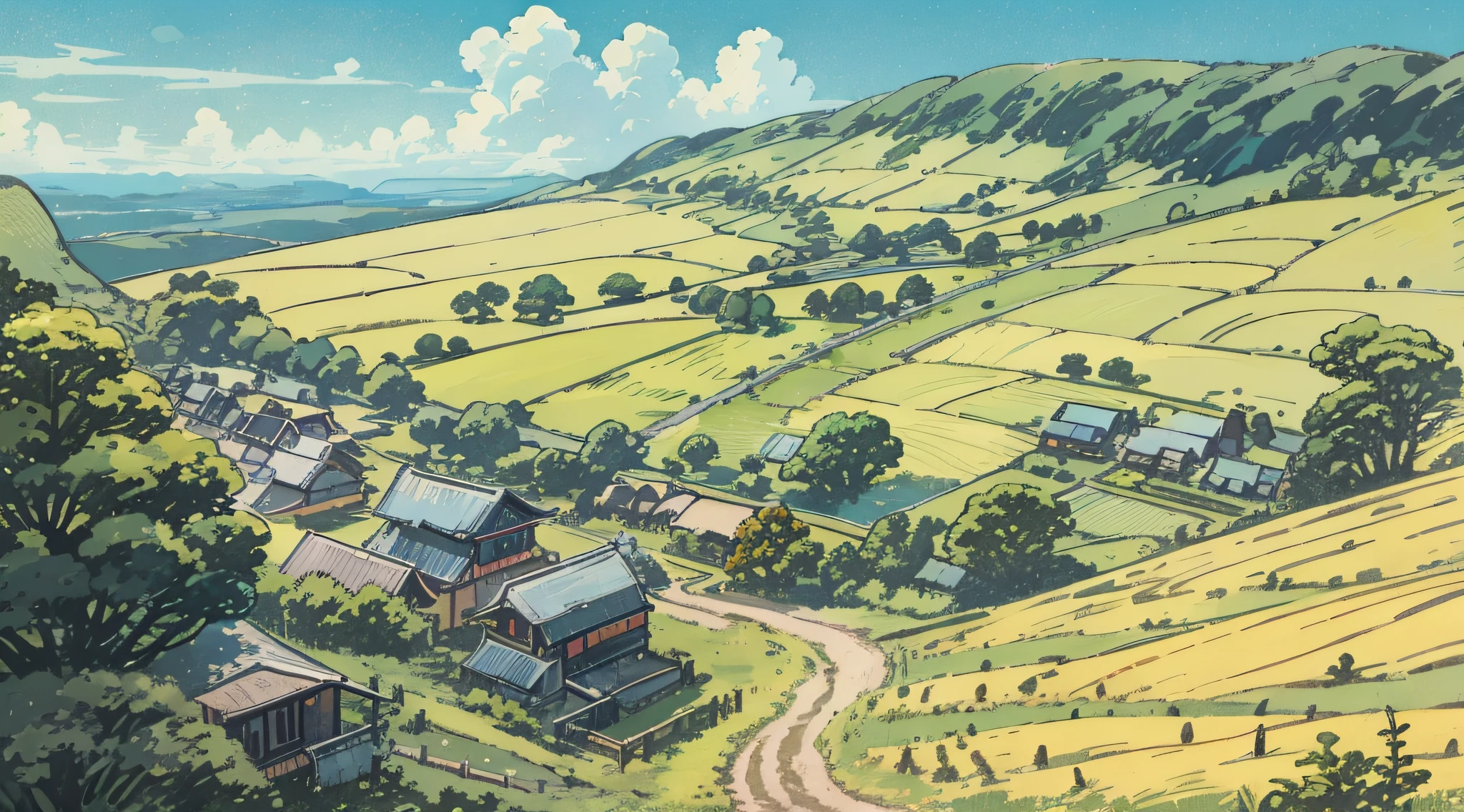 One landscape、4K, hard disk, hightquality、masutepiece、Dirt road, Panoramic landscape、Sunny, plein air、Pasture、the woods、clouds、blue-sky、Emo art、Studio Ghibli、hayao myiazaki、Kazuo Oga、By Shinkai Makoto、The ultra -The high-definition、amazing composition、Light production