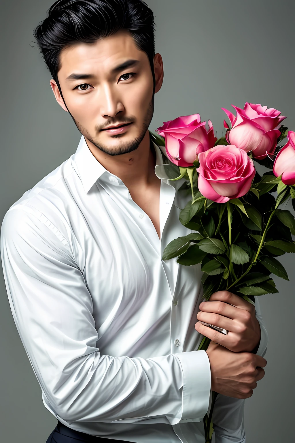 （（A half body））RAW Photo ， （Use a dark and attractive beard） A cinematic scene， （Impeccably clean） ，Serious and elegant man， Men's style， （Mysterious serious face，）short detailed hair，Classy and Elegant， （high quality and realistic image），（（best qualtiy，8k，tmasterpiece）。A man looks at the camera，Looks like actors Zun Long and Huang Xiaoming，With an innocent expression on his face，Countless rose and peony petals fill the picture，There is a handsome man's face in the middle of the petals，Eyebrows are clear，There was a longing for love in his melancholy eyes，There are teardrops in the corners of the eyes，Delicate skin，With a beard，The ears are big，hair messy，The face has a faint blush，The lips were slightly open with blood，Holding a black rose in his hand，Expose the chest，Blood stains on fingernails，The atmosphere is mysterious，The face is clear，Full of detail，localized light，Aperture dispersion，真实感，Advertising hard photo style，High contrast between light and dark，Magazine cover design。