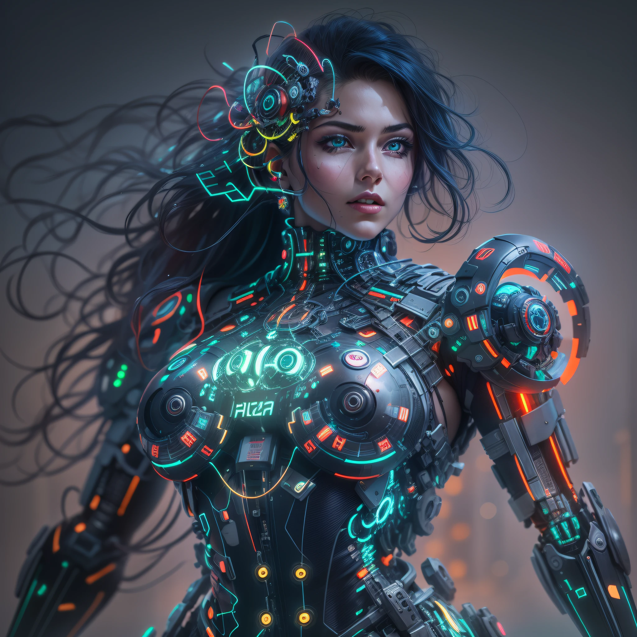 mujer cyborg exuberante y voluptuosa echa de cristal que deja ver su interior, repleta de motores, reles. circuitos y luces indicadoras led de color verde,azul y rojos.