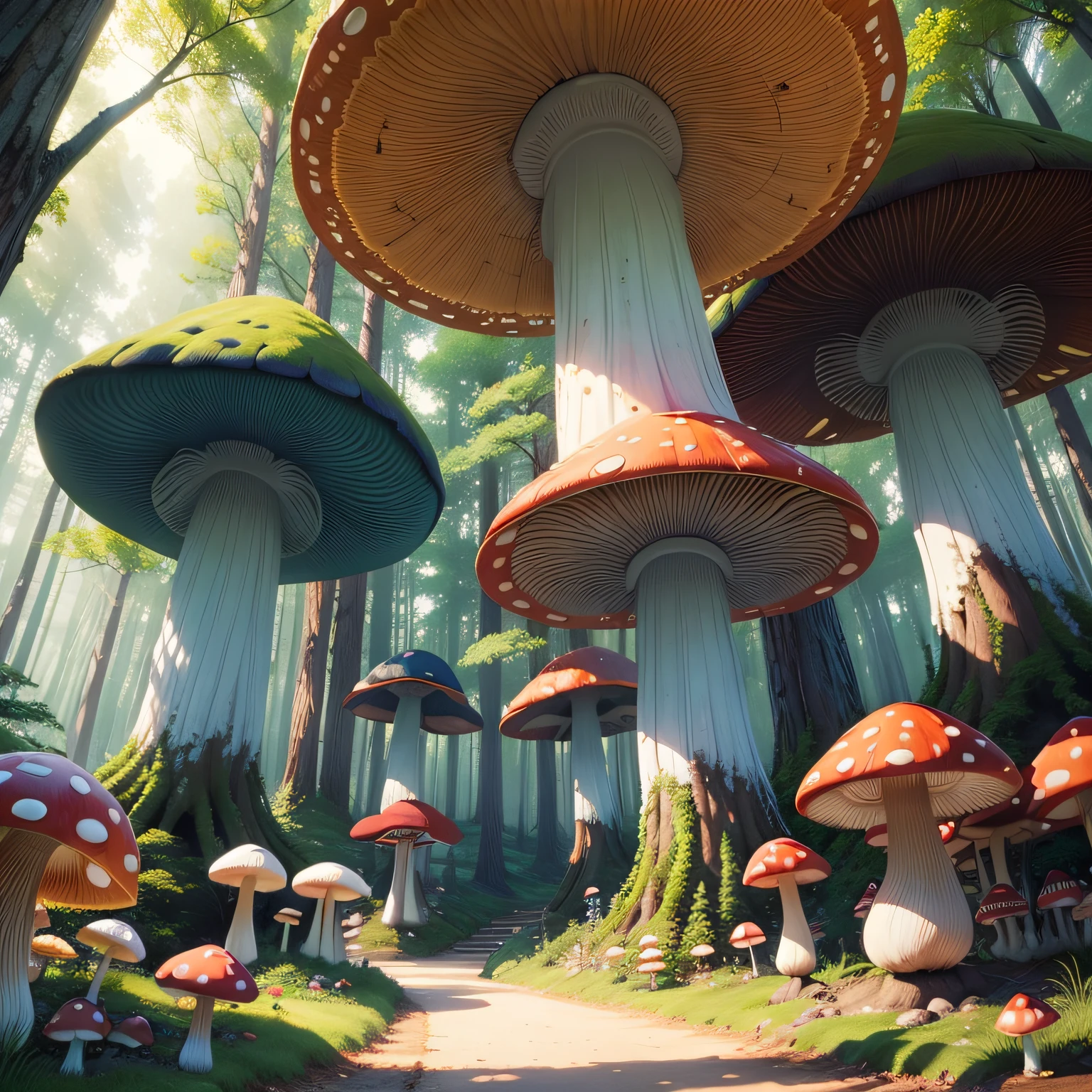 Fantastical、with light glowing、Forest full of colorful mushrooms、Big forest