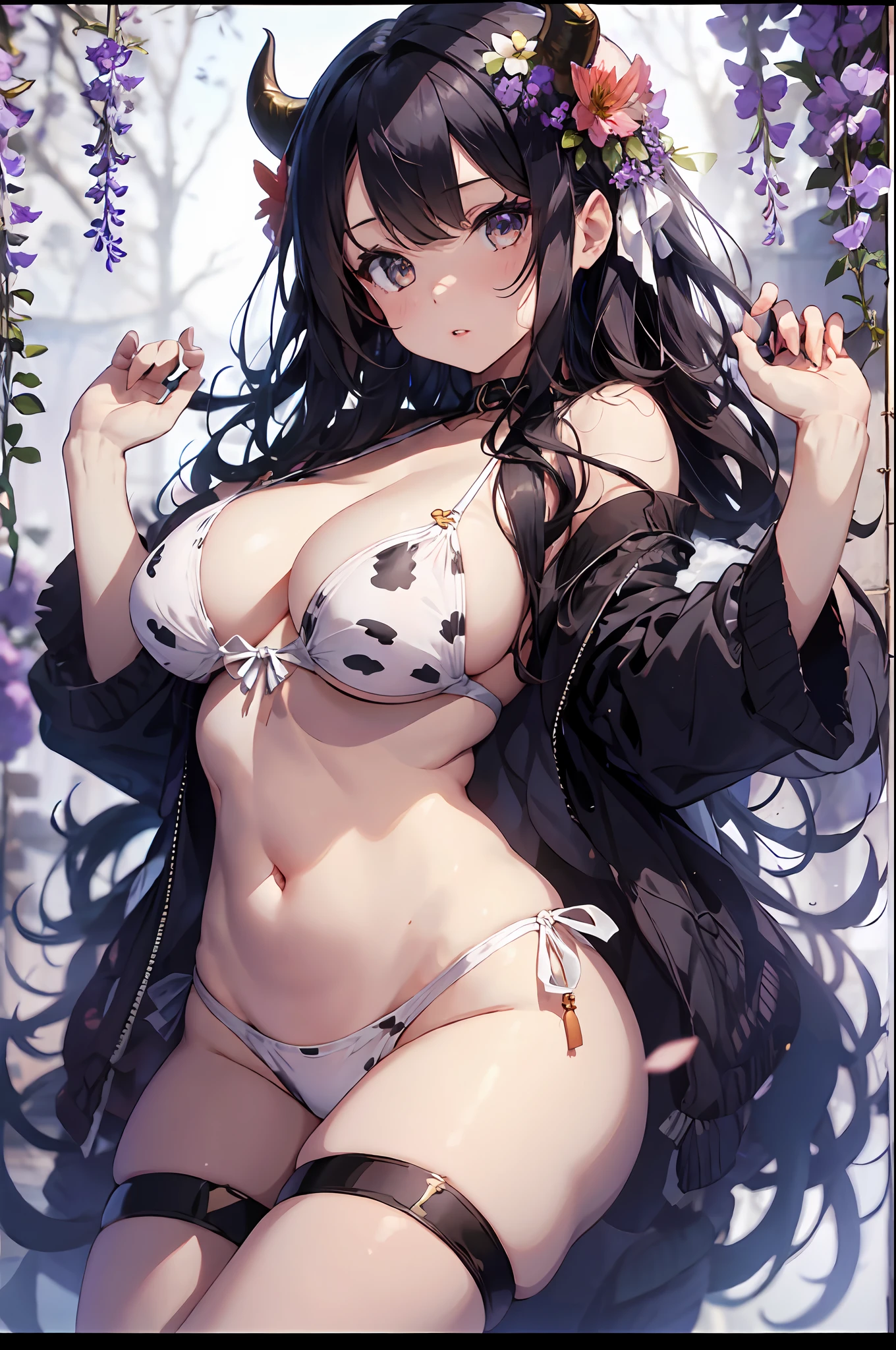 1girl,alraune,  flower,large breasts, navel,black_hair,wisteria, parted lips,  cow_horns,white bikini,