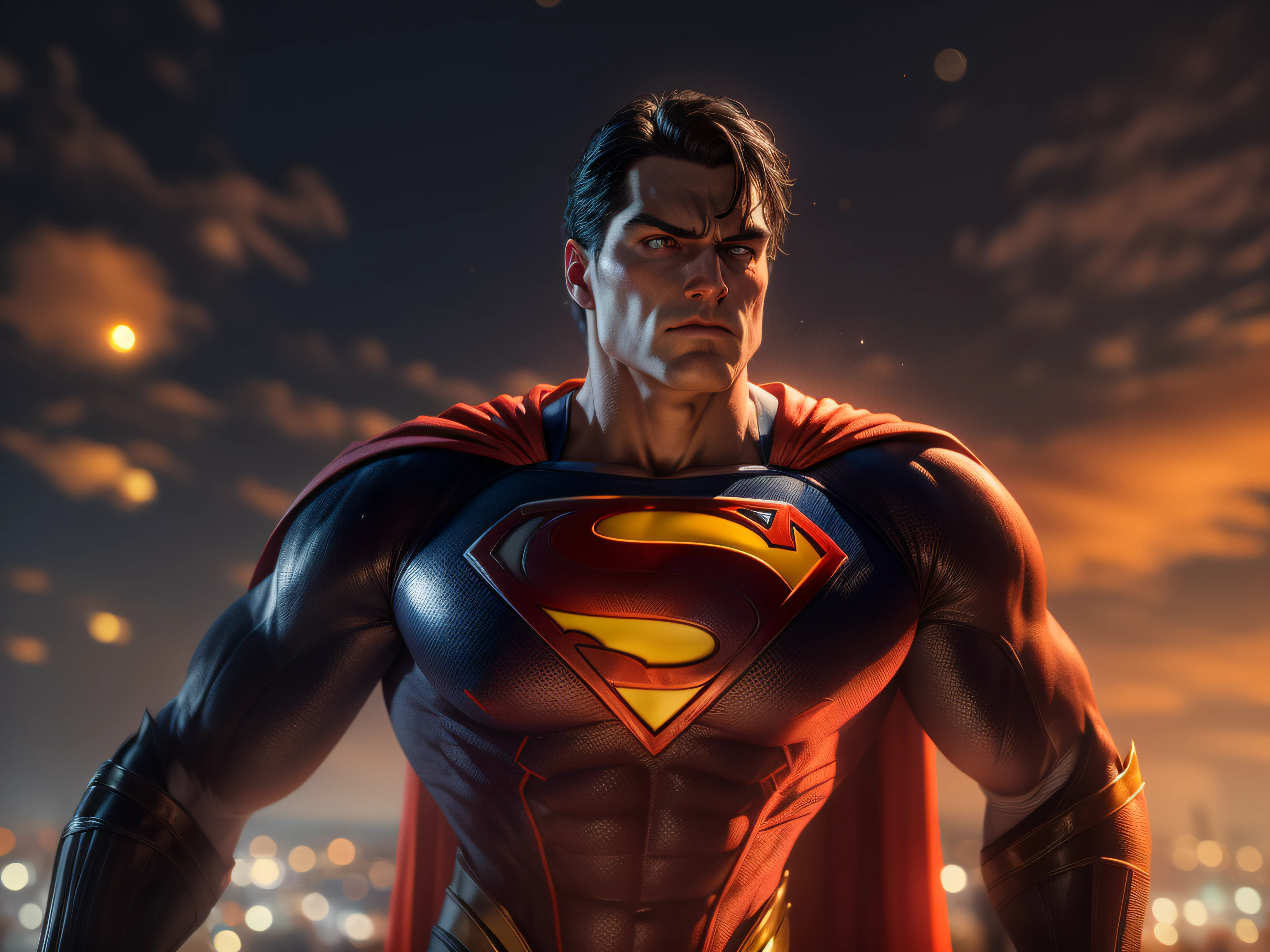 Close a powerful threat, The imposing appearance of the powerful Superman dressed in orange uniform, menacing stare, ricamente detalhado, Hiper realista, 3D-rendering, obra-prima, NVIDIA, RTX, ray-traced, Bokeh, Night sky with a huge and beautiful full moon, estrelas brilhando, 8k,