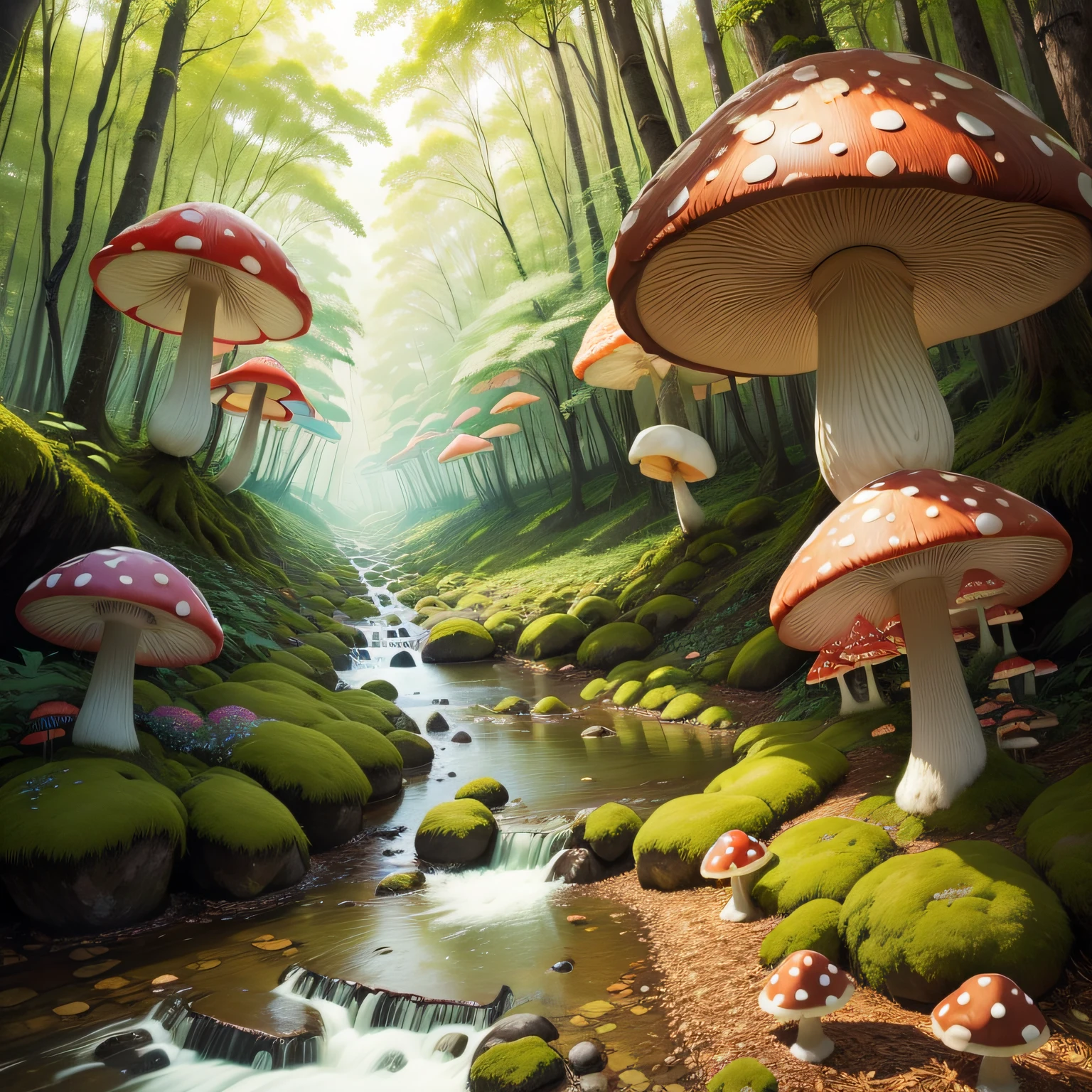 with light glowing、Forest full of colorful mushrooms、A stream flows、Big forest