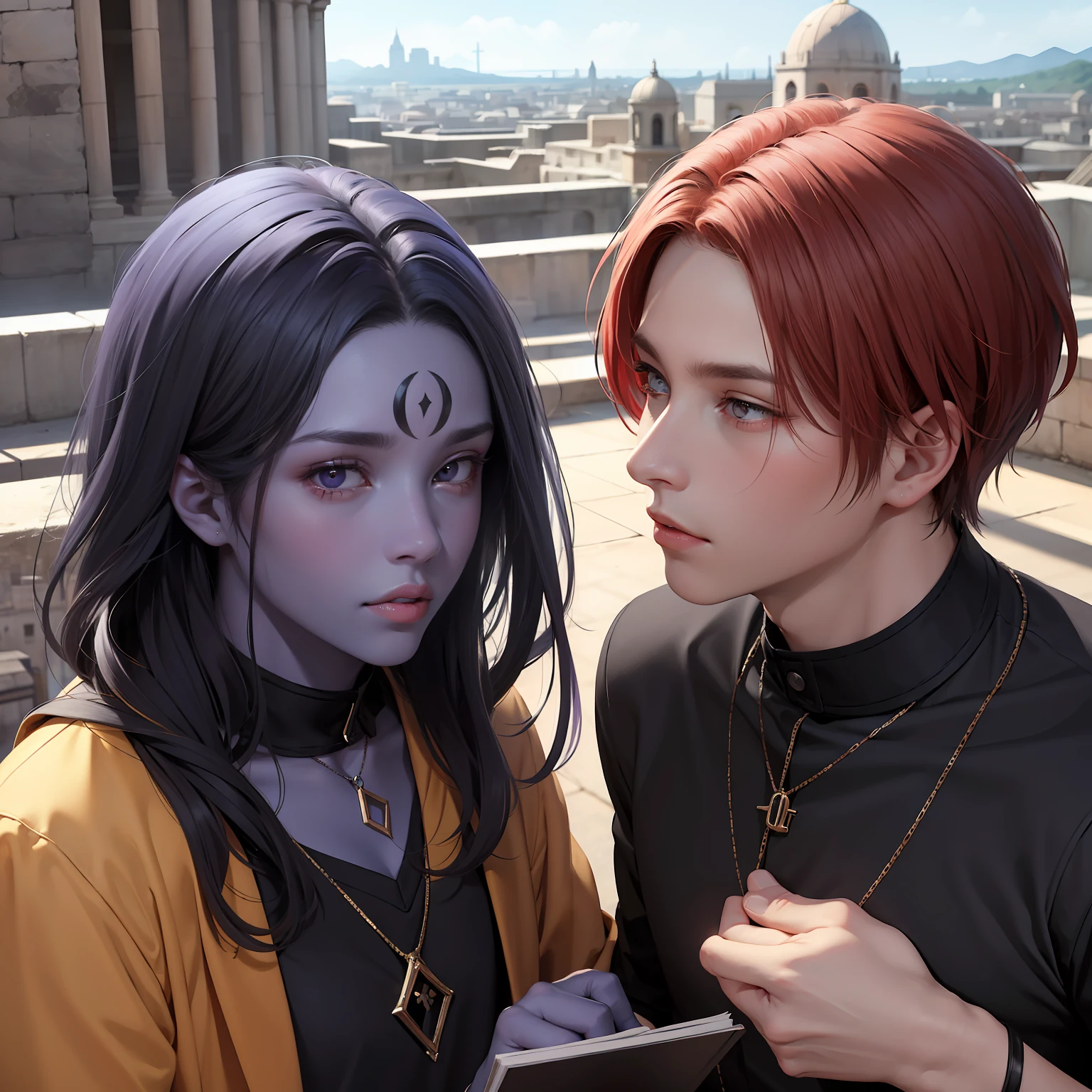 Two 15-year-old men with purple skin, ojos totalmente negros, and with red hair they make plans to deceive someone, de fondo se ve una ciudad romana antigua
