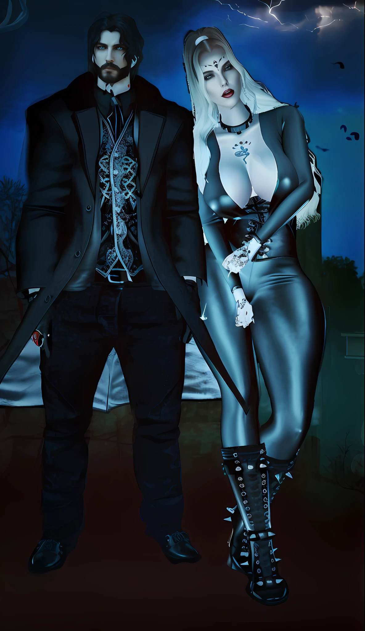 painting of a man and a woman dressed in Gothic costumes standing next to each other, gothic romance, 2 b, 2b, Black leather robes! intrincado, dark and gothic, moda vampiro, wearing modern gothic clothes, lo gothic!!, gothic and futuristic, grungy gothic, gothic harts, Close-up de corpo inteiro, lo gothic, neo goth, gothic horror vibes, (UHD, 32k, UHD:1.3, hiper detalhado)), (RAW foto: 1.2), (fotorrealista: 1.4), (detalhes intrincados: 1.2), (obra-prima: 1.3), (melhor qualidade: 1.4), (ultra highres: 1.2), cinema light, ultra alta realista, (olhos detalhados), (detailedfacialfeatures), provocante, (detailed features of the outfit),HDR, 8K分辨率, (extremely detailed illustration), (extremely detailed illustration), retrato de corpo inteiro, lente de 50mm, abertura f/4, (super detalhe), 8mm film grain, cinematiclight, luz lateral, Lens Flare, Ray Tracing, (olhos detalhados), Unreal Engine Intrincado (Detalhe Alto: 1.1).