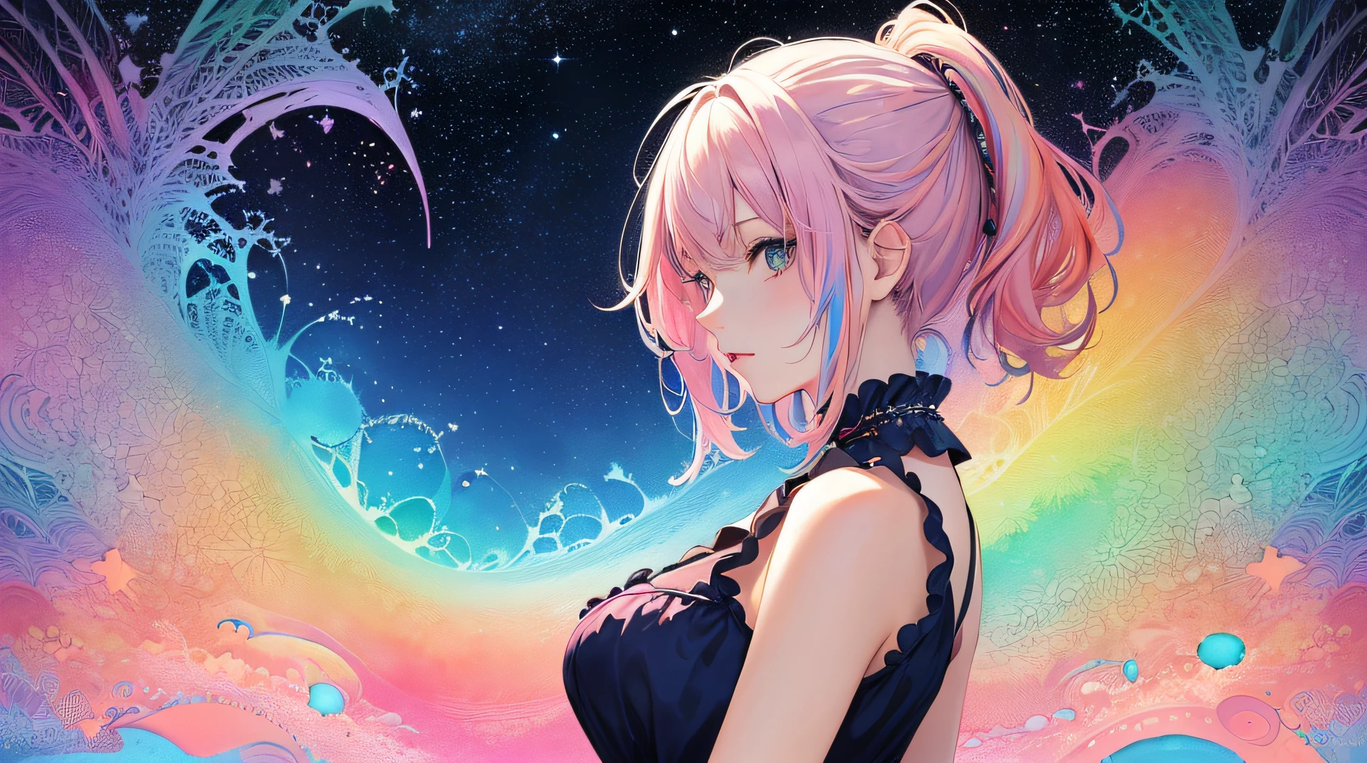 (masterpiece, top quality, best quality,watercolor (medium),official art, beautiful and aesthetic:1.2),(1girl:1.3), (fractal art:1.3),upper body, from side, looking at viewer,patterns,(rainbow color Hair,colorful hair,half blue and half pink hair:1.2),water,liquid, cloud,colorful, starry,stars,