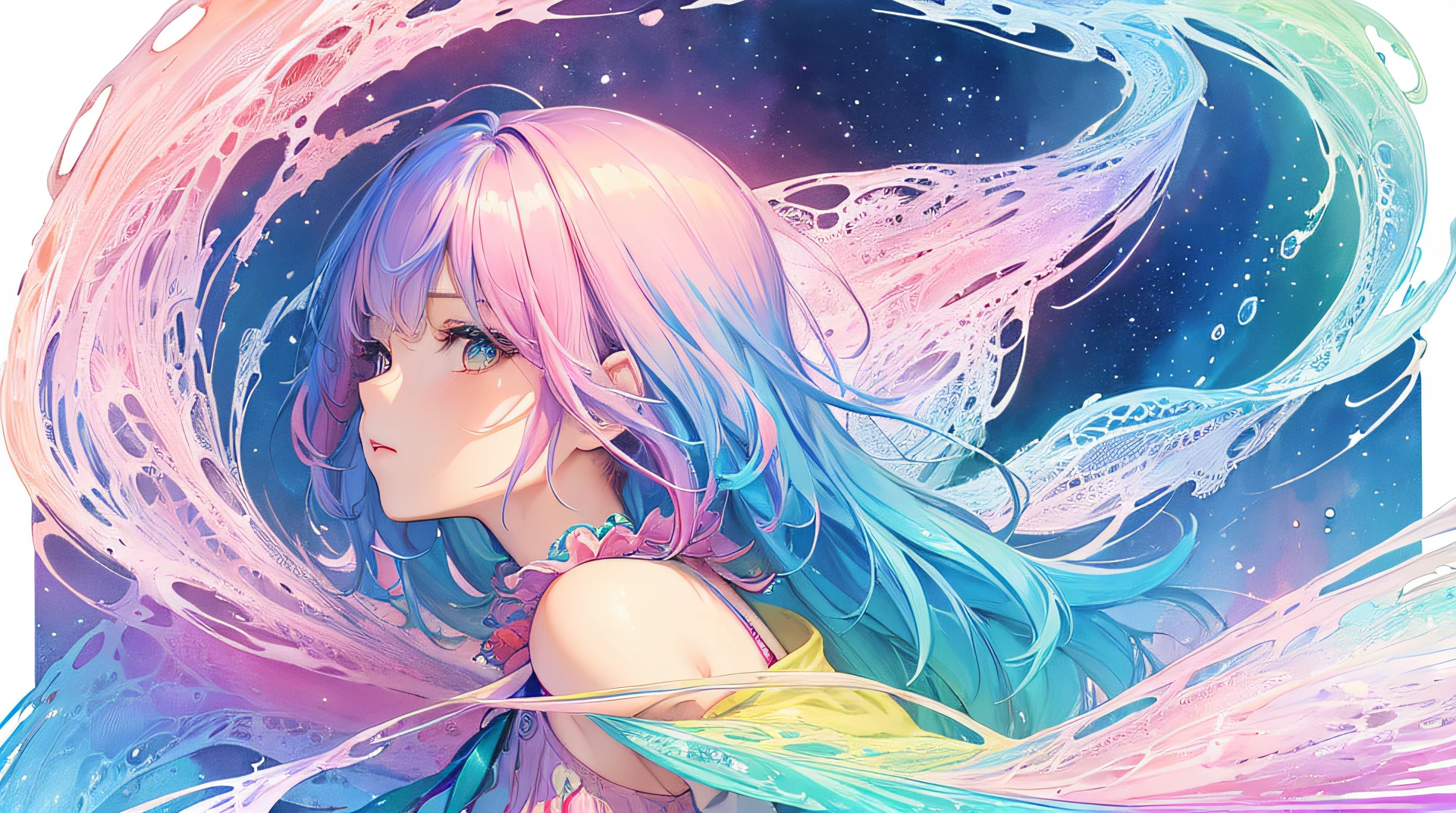 (masterpiece, top quality, best quality,watercolor (medium),official art, beautiful and aesthetic:1.2),(1girl:1.3), (fractal art:1.3),upper body, from side, looking at viewer,patterns,(rainbow color Hair,colorful hair,half blue and half pink hair:1.2),water,liquid, cloud,colorful, starry,stars,