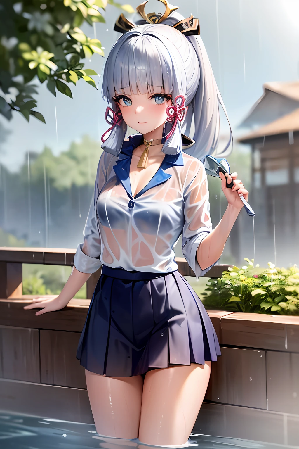 Masterpiece, (best qualtiy:1.3), 8K, the wallpaper, (1girll, (Kamiasto ayaka \(Genshin Impact)\), (Blue eyes), (White hair:1.3), (straight_Hair, Long hair:1.4), Blunt bangs, ((bra visible through clothes, See-through)), Wet, (Wet shirt:1.5), Smile, Closed mouth, (rain), Outdoors, Blush, sonoko, (Small breasts:1.3), blue neckbow, Pleated skirt, view the viewer)