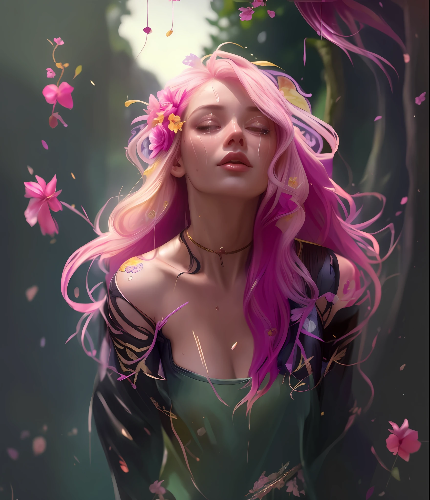arafed woman with pink hair and a flower in her hair, artwork in the style of guweiz, rossdraws 1. 0, 8k high quality detailed art, loish and wlop, 🌺 cgsociety, inspired by WLOP, rossdraws digital painting, wlop rossdraws, ross tran 8 k, inspired by rossdraws