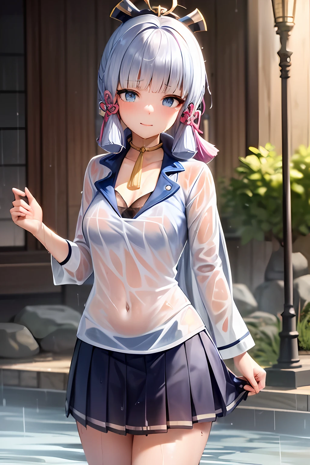 Masterpiece, (best qualtiy:1.3), 8K, the wallpaper, (1girll, (Kamiasto ayaka \(Genshin Impact)\), (Blue eyes), (White hair:1.3), (straight_Hair, Long hair:1.4), Blunt bangs, ((bra visible through clothes, See-through)), Wet, (Wet shirt:1.5), Smile, Closed mouth, (rain), Outdoors, Blush, sonoko, (Small breasts:1.3), blue neckbow, Pleated skirt, view the viewer)