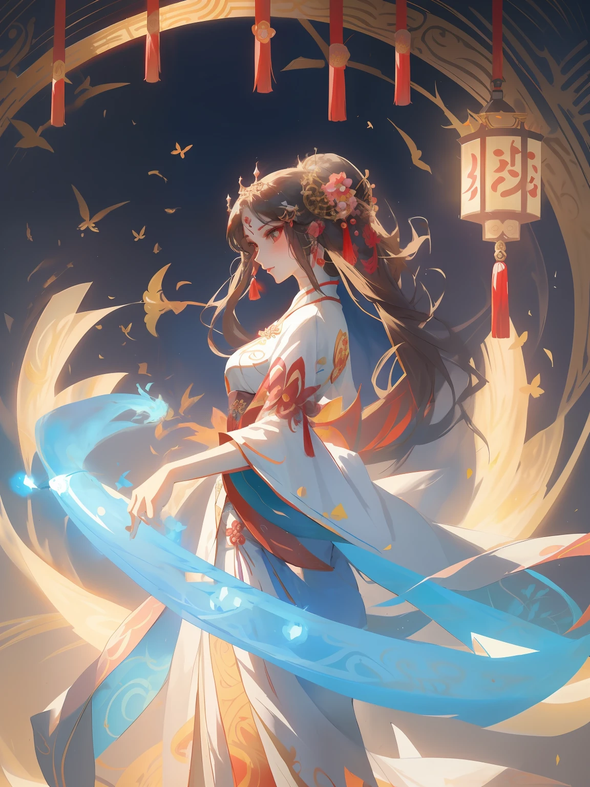 Draw a woman in a dress，Holding an umbrella with flowers, Palace ， A girl in Hanfu, Hanfu, Princesa chinesa antiga, China Princess, Inspired by Lan Ying, ((a beautiful fantasy empress)), White Hanfu, a beautiful fantasy empress, Inspired by Qiu Ying, xianxia fantasy, Chinese fantasy, Alice X. zhang