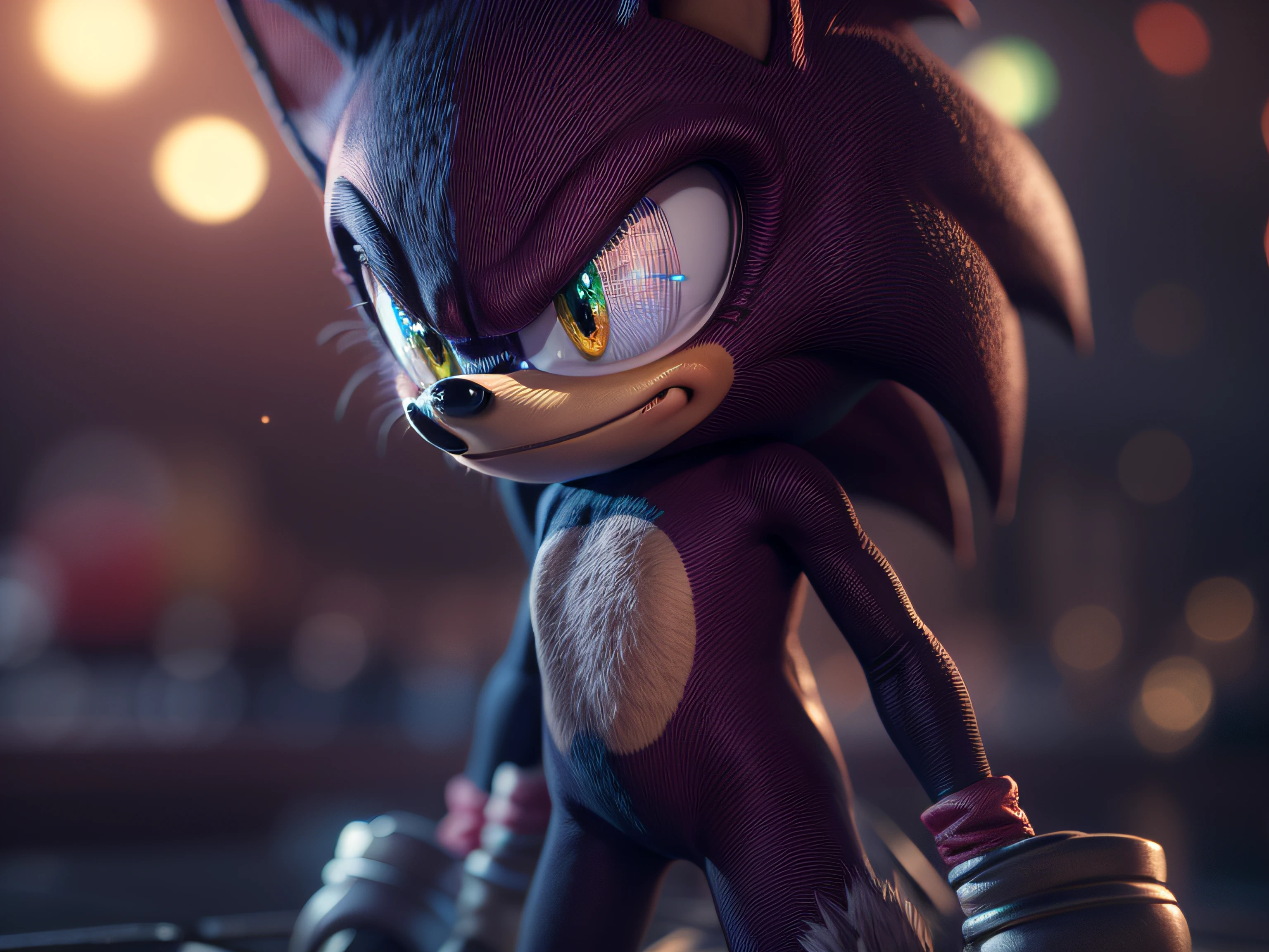 Close a powerful threat, Sonic's imposing appearance, The Hedgehog, menacing stare, ricamente detalhado, Hiper realista, 3D-rendering, obra-prima, NVIDIA, RTX, ray-traced, Bokeh, Night sky with a huge and beautiful full moon, estrelas brilhando,