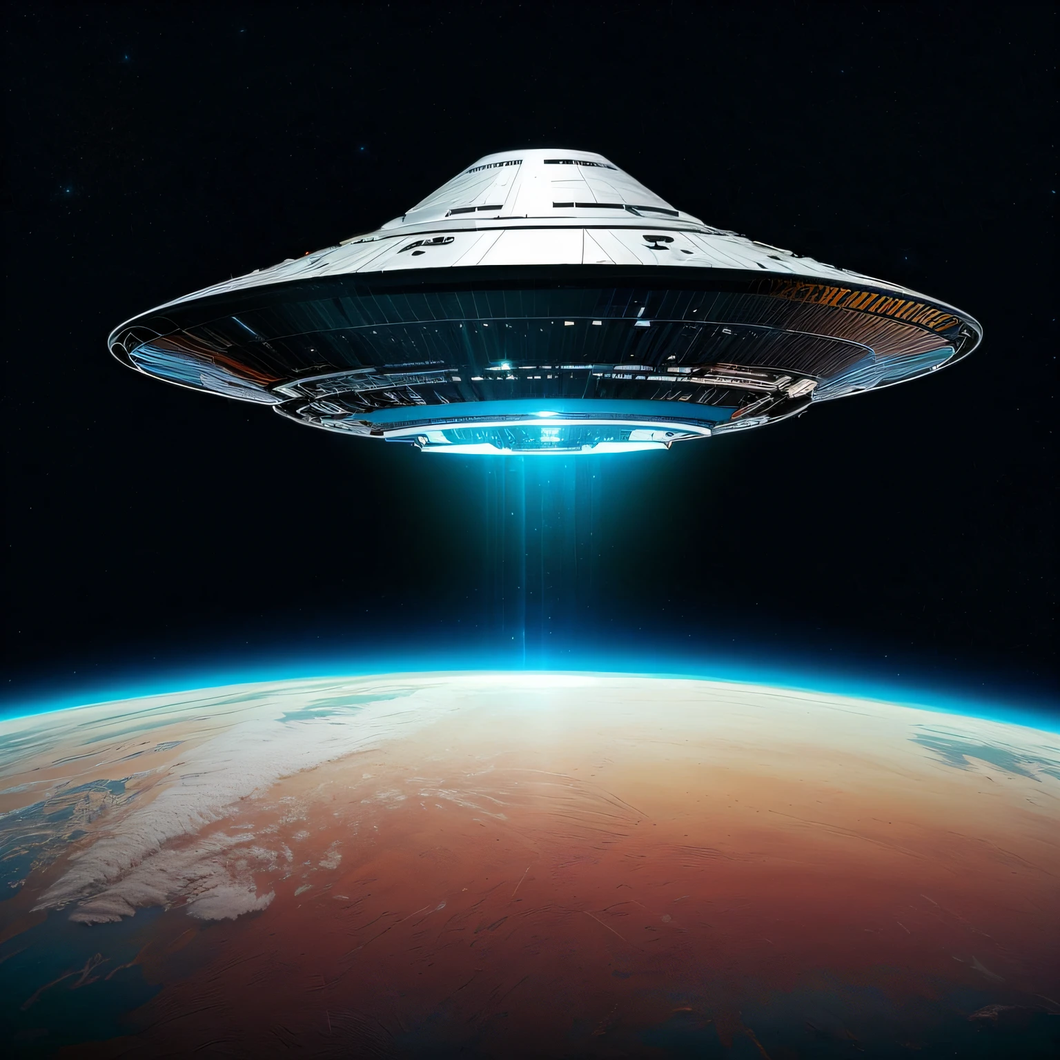 disco voador em orbita da terra, imagem muito detalhada do disco voador e do planeta terra logo a baixo do disco, imagem ultra realista, 8k