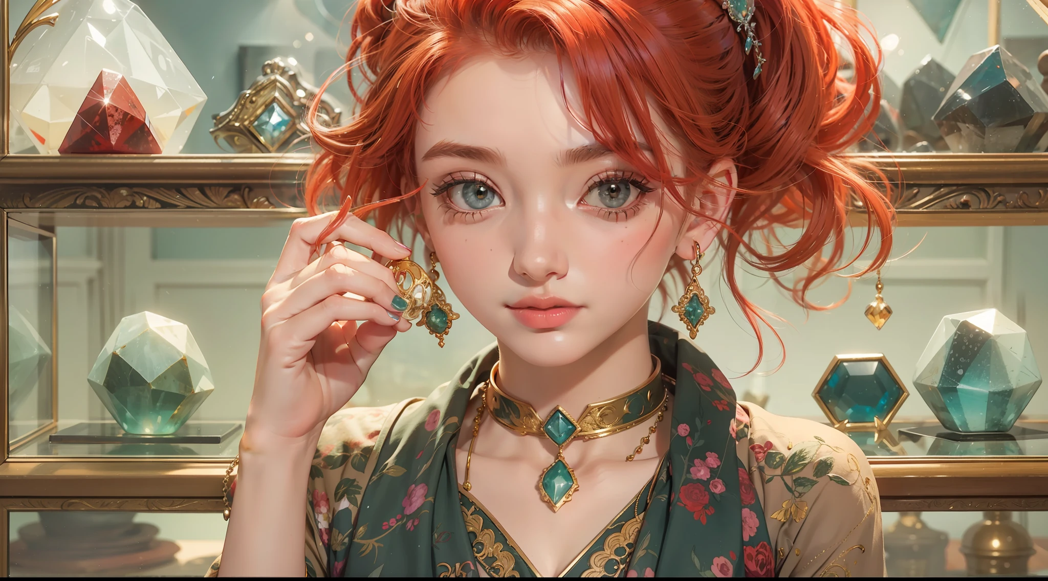 A beautiful girl with red hair, in a gemstone shop with several display cases with beautiful jewelry, holding a gemstone in her hand