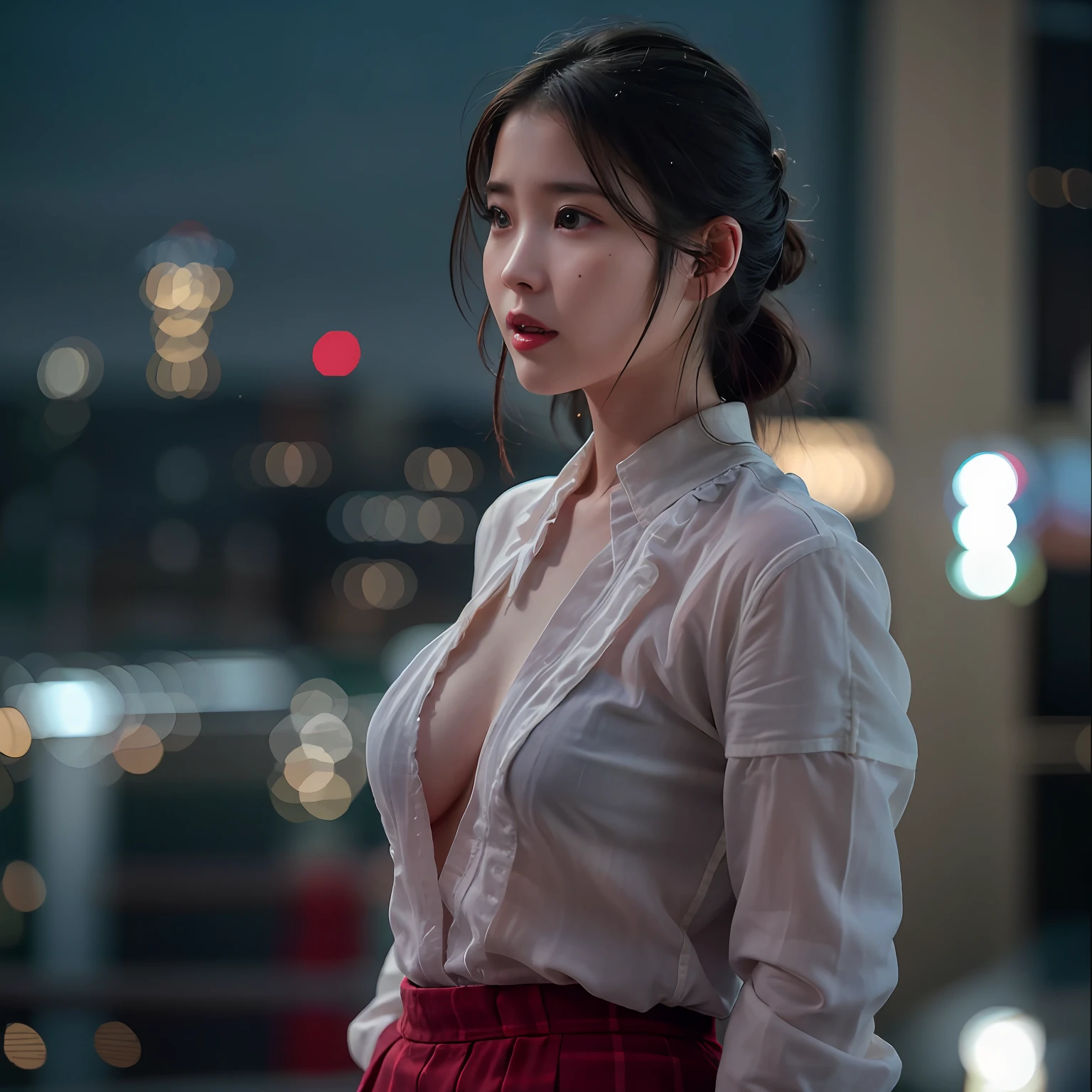 nikon RAW photo,8 k,Fujifilm XT3,photorealistic,realistic, solo, photorealistic, best quality, ultra high res, (skin spots:0.1) serious expression, , standing against a city skyline at night,business suits, short, wet and tight shirt,Suit skirt beautiful, masterpiece, best quality, extremely detailed face, perfect lighting, solo,1girl, sexy sight best quality, ultra high res, photorealistic, ultra detailed, masterpiece, best quality, iu1, big buttocks