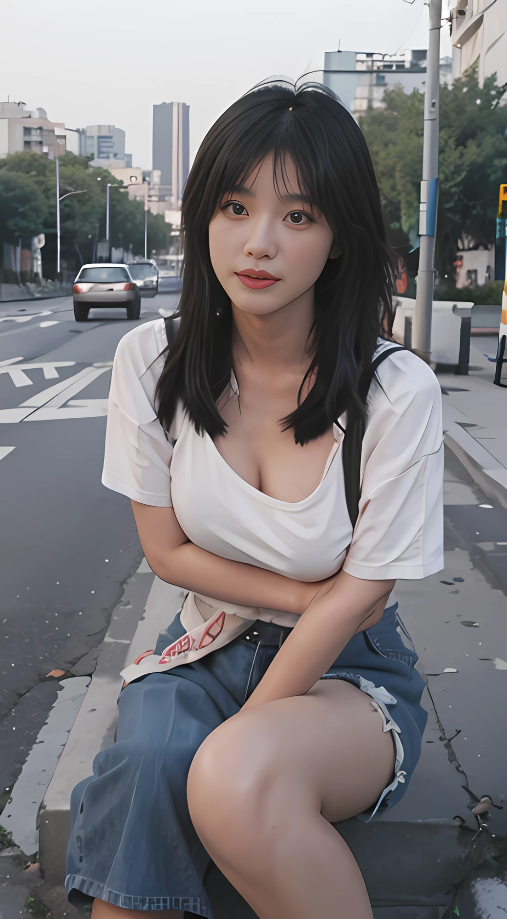 Two women walking on the sidewalk drinking coffee, korean female fashion model, wearing shorts and t-shirts, sexy girl wearing shorts, Street fashion, Short jeans, street fashion clothing, casual clothing style, Street fashion outfits, photo of slim girl model, wearing denim short shorts, skinny waist and thick hips, with ripped crop t - shirt, thin-waist, best qualtiy, 超A high resolution, (realisticlying:1.4), one girls, A pair of clear and touching peach blossom eyes,Royal sister,Fair skin,Perfect body,Exquisite facial features,(full body Esbian:1.6)Sense of atmosphere,Absolutely beautiful girl, ssmile,Look kindly at the audience ,HD close-up ,Deep V Big,(Photorealistic:1.4),Sexy ,(Big breasts:1.9),(full bodyesbian:1.4),(Wet body),(:1.2)