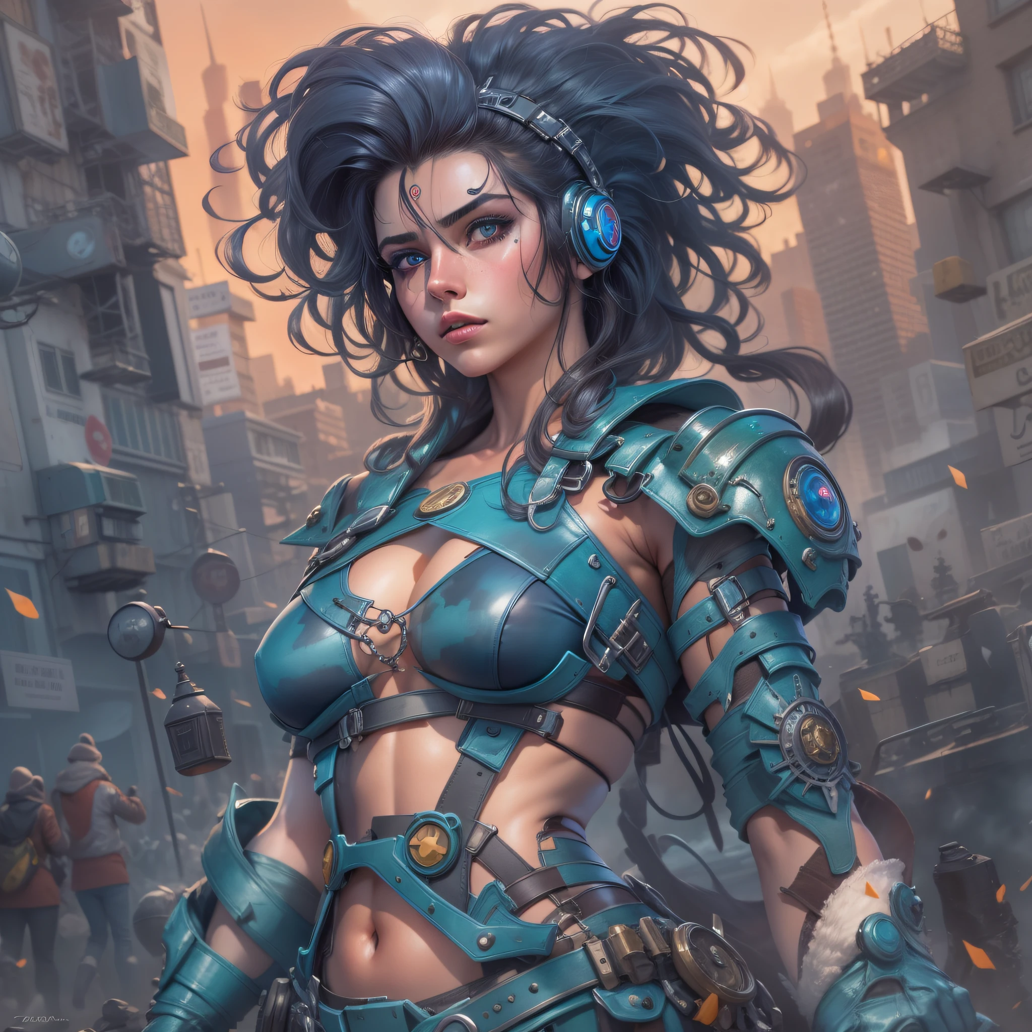 ennifer la mujer mecanica guerrera de combate (cuerpo completo), con su pelo corto , grandes ojos azules, y con el cuerpo de cristal violeta suave , que deja entrever su mecanismo interior, se encuentra en la ciudad de zalem, repleta de elementos tecnologicos .