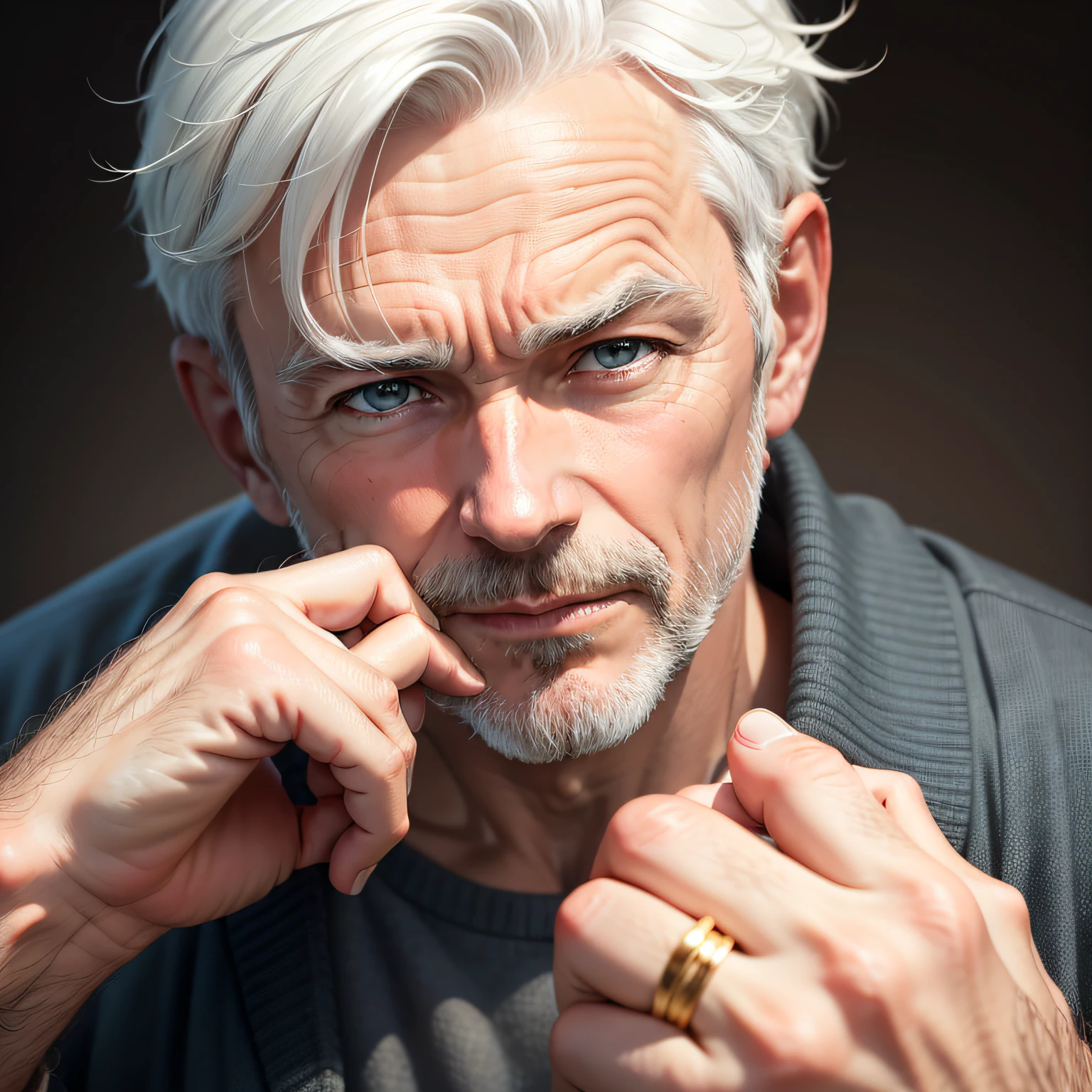 middle-aged man, slightly white hair, simple clothing, looking at his hands, one hand points to the other hand where he has a gold wedding ring, high definition, 8k