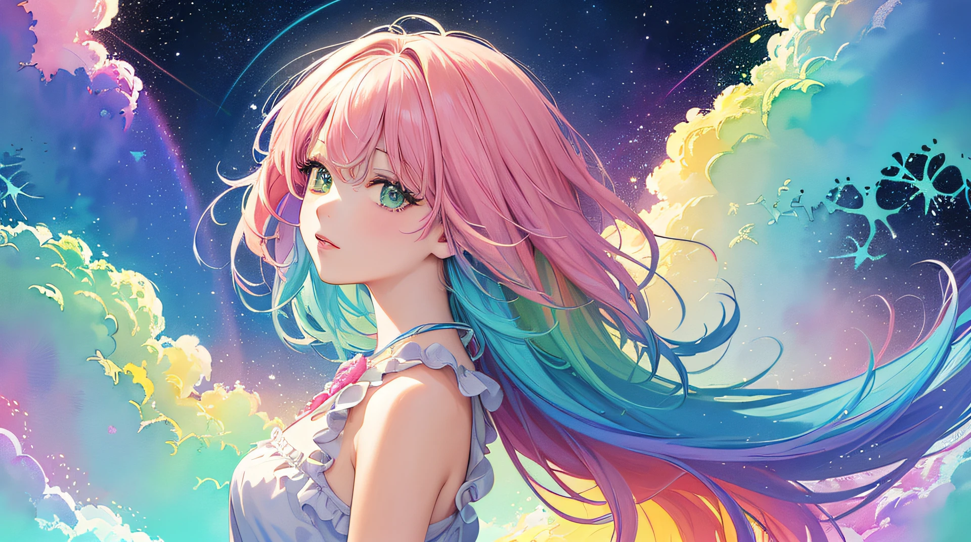 (masterpiece, top quality, best quality,watercolor (medium),official art, beautiful and aesthetic:1.2),(1girl:1.3), (fractal art:1.3),upper body, from side, looking at sky,patterns,(rainbow color Hair,colorful hair,half green and half pink hair:1.2),water,liquid, cloud,colorful, starry,stars,