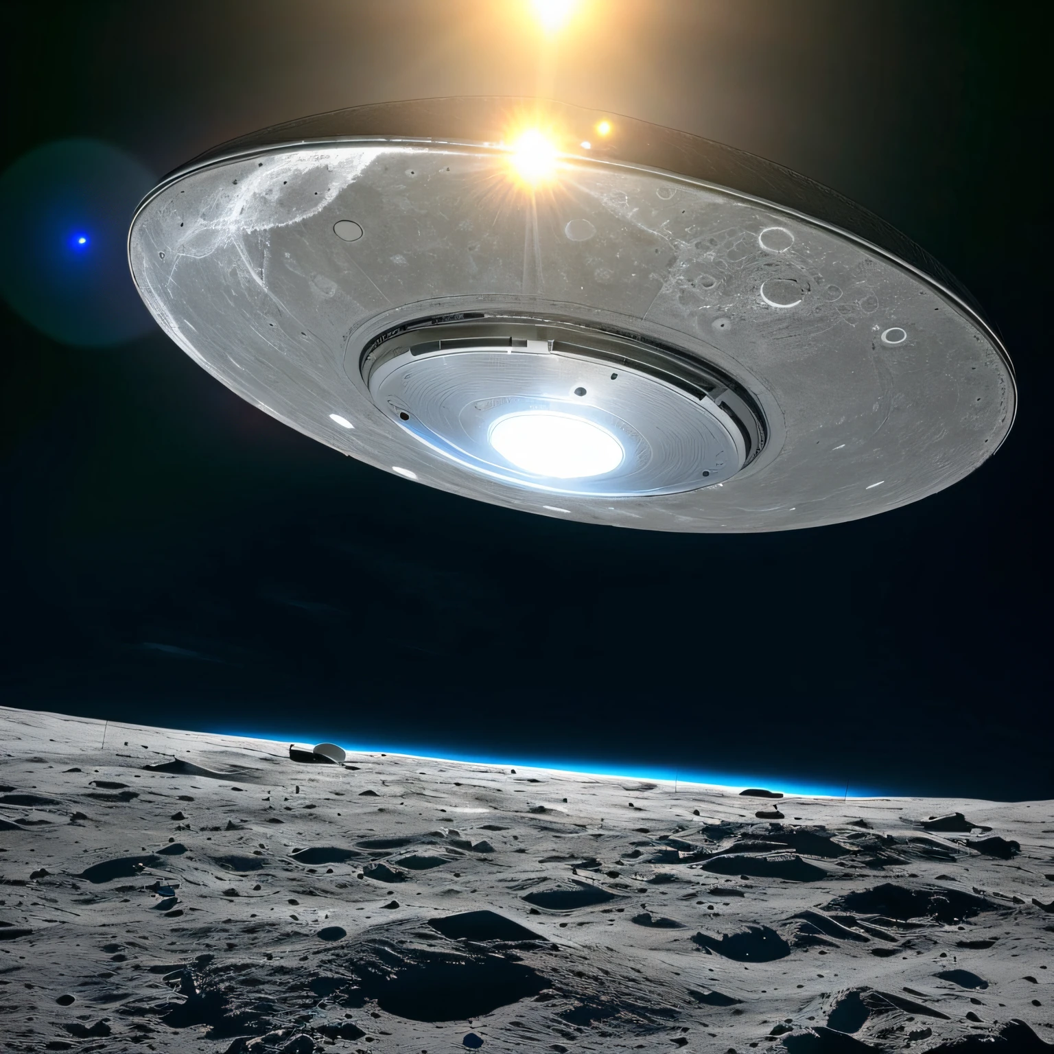 Flying saucer in silver color stopped in the lunar sky at night , imagem super detalhada do disco voador e do solo lunar , Ultra HD |, 8k